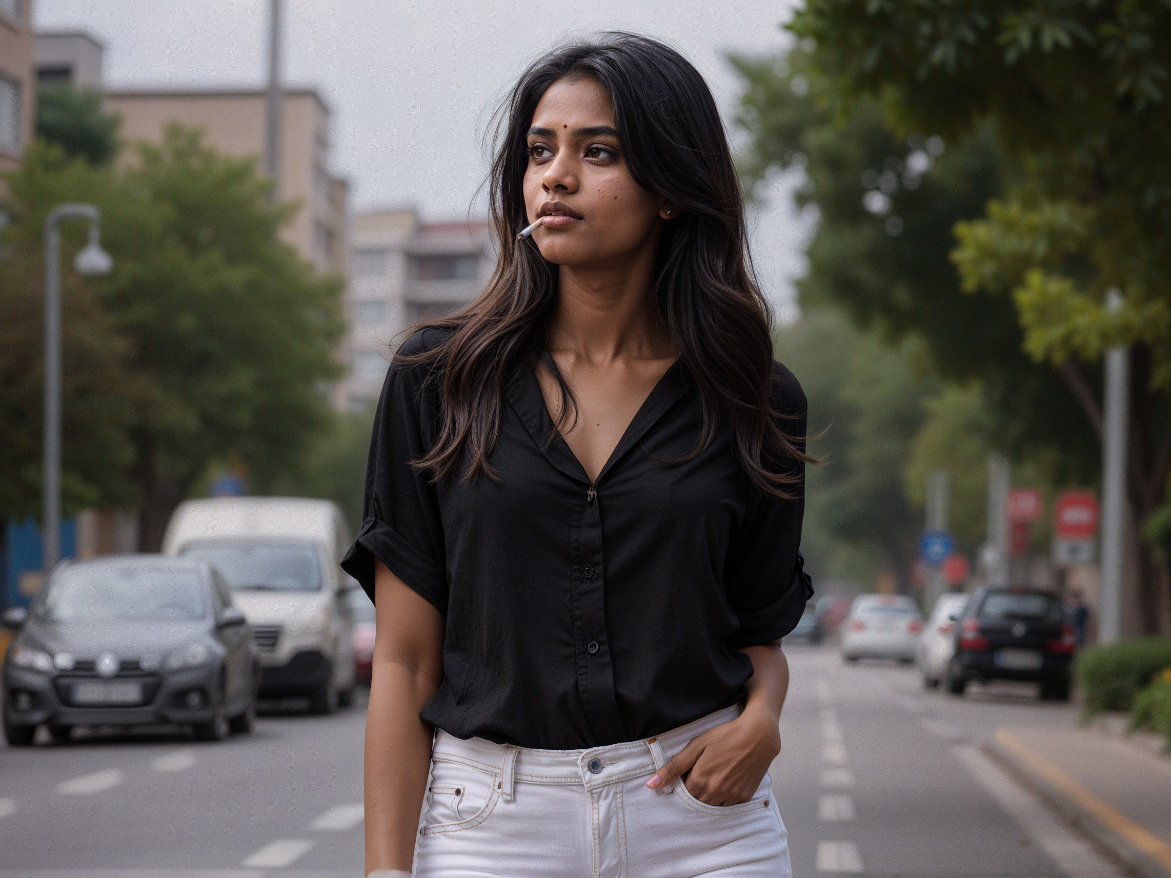 Young Woman in Urban Setting with Black Shirt and Jeans