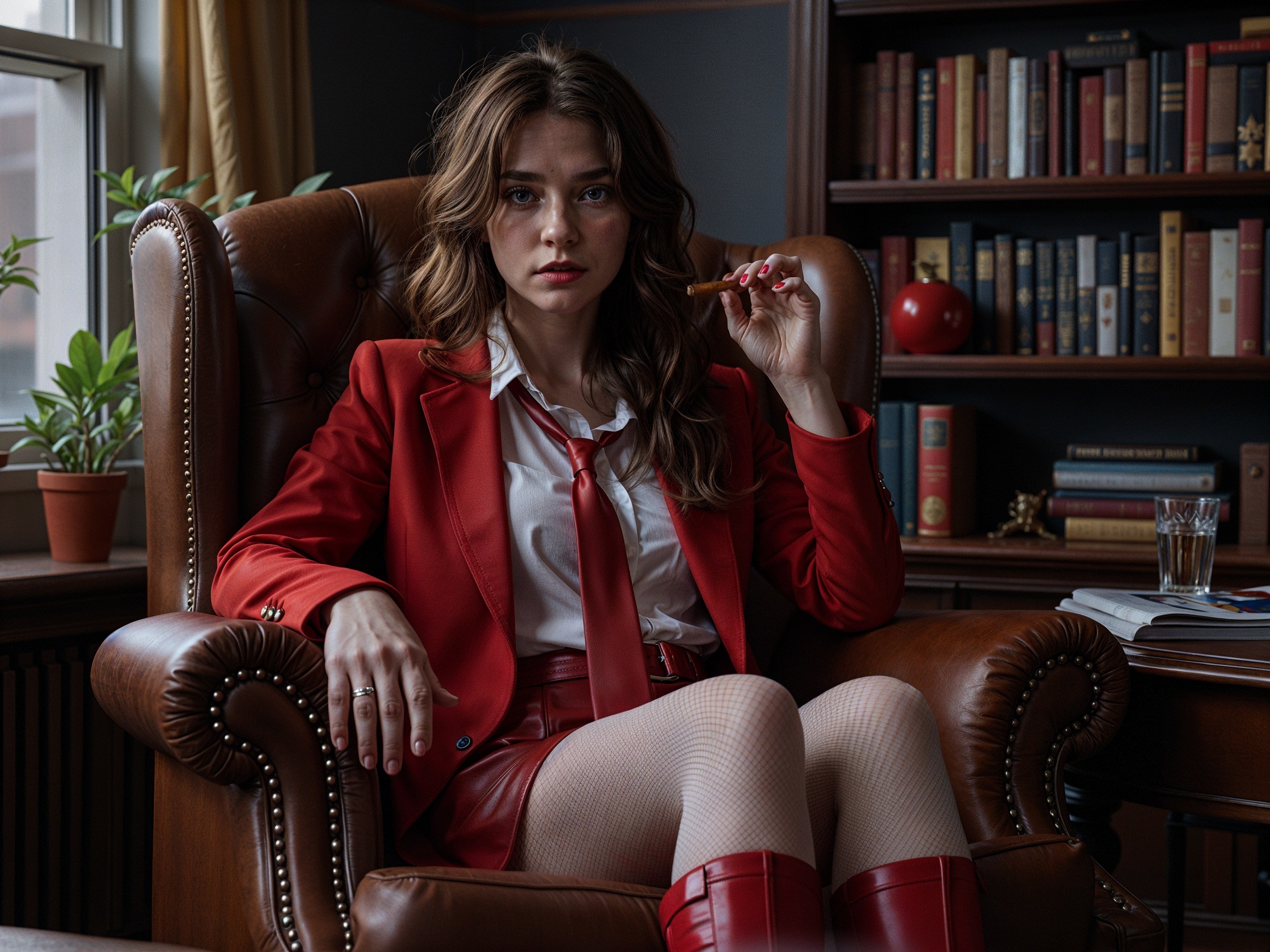 Young Woman in Red Blazer in Vintage Armchair Setting