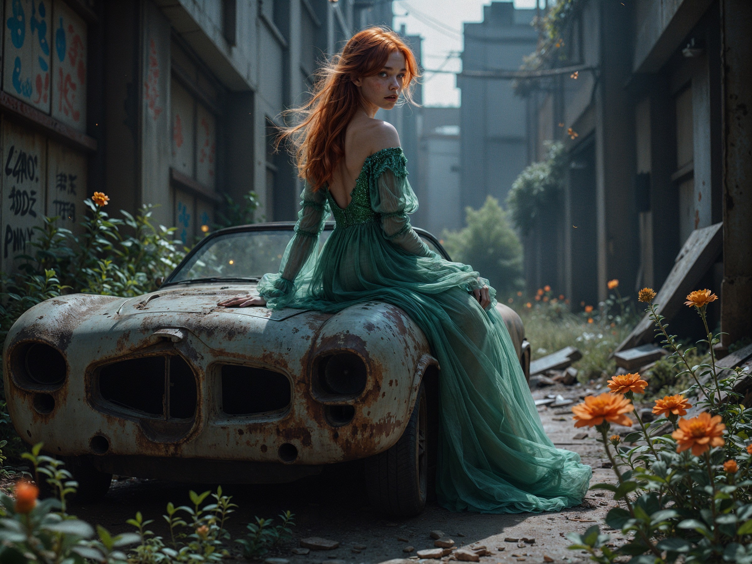 Woman in Green Dress on Abandoned Car with Wildflowers