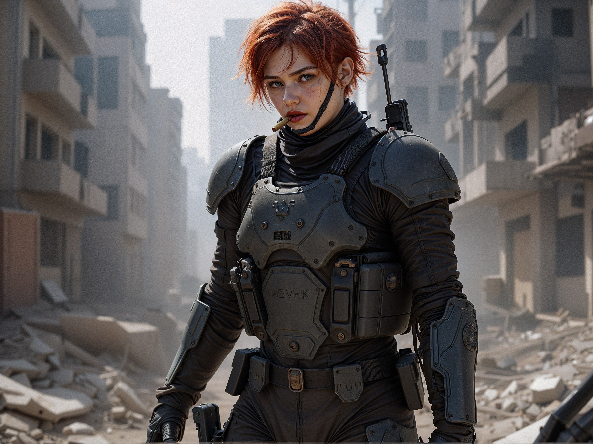 Fierce Character in Futuristic Tactical Armor in Ruins