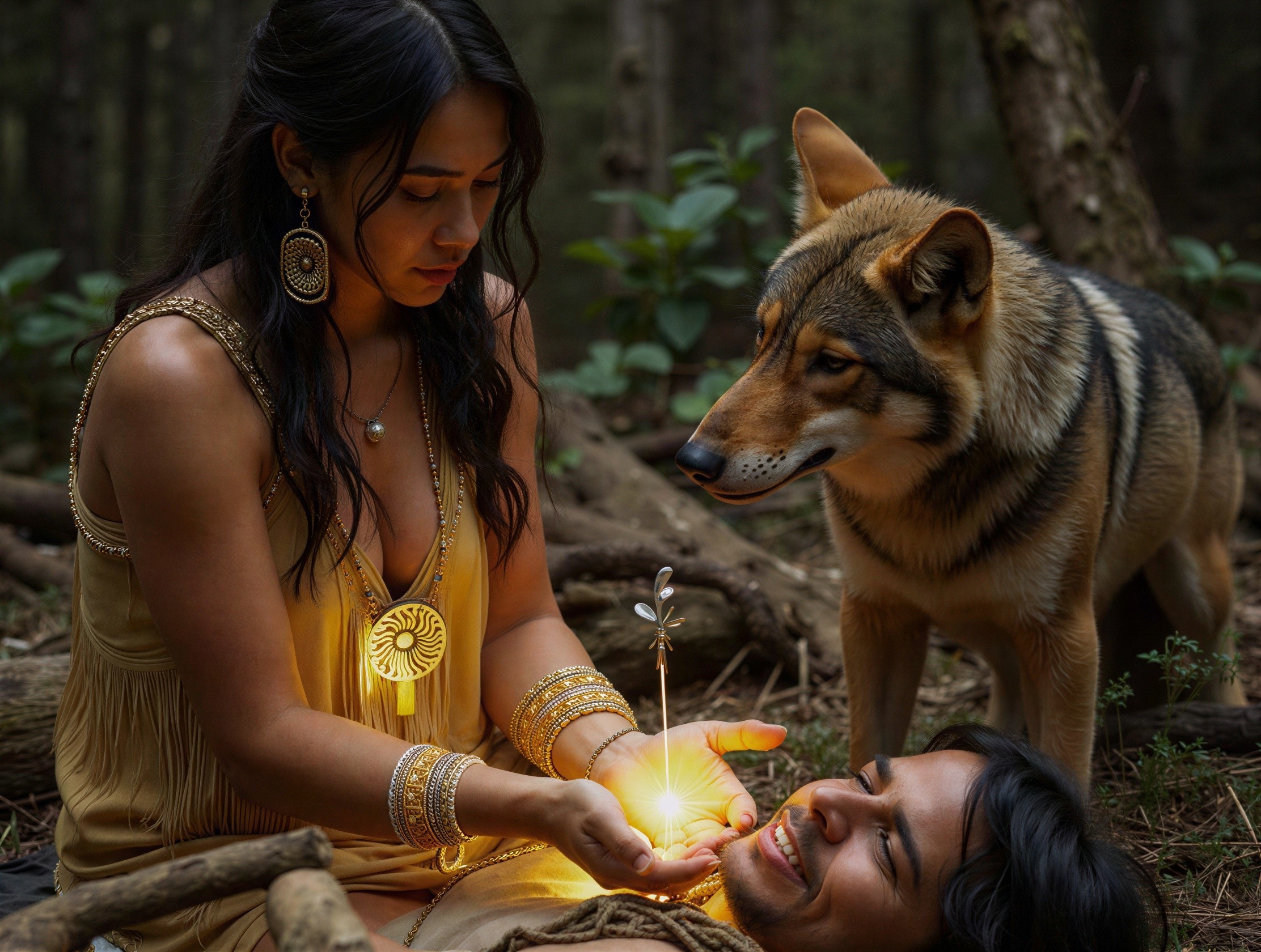 Woman in Golden Dress with Wolf in Forest Setting
