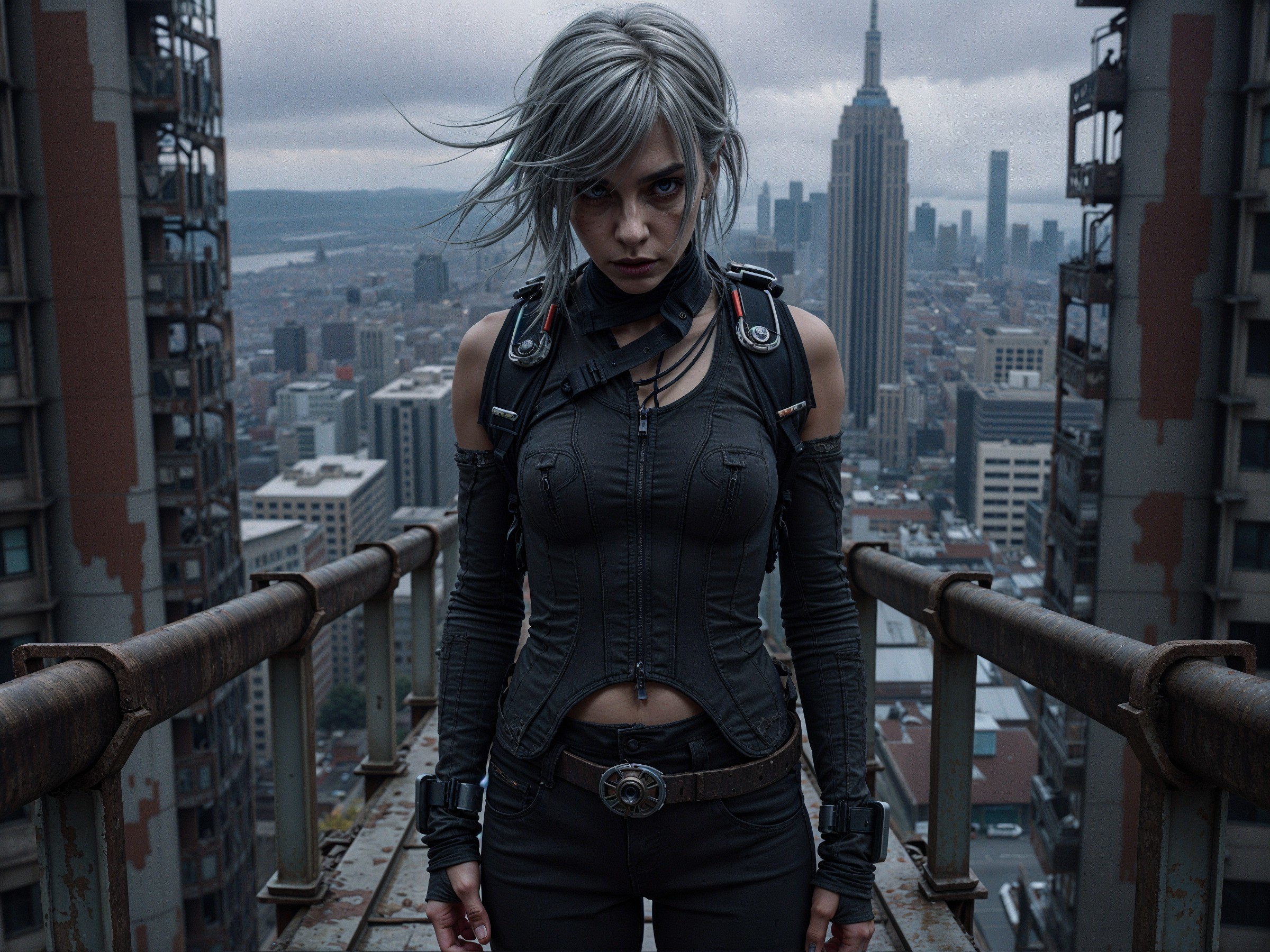 Fierce Woman on Rooftop with Urban Skyline View