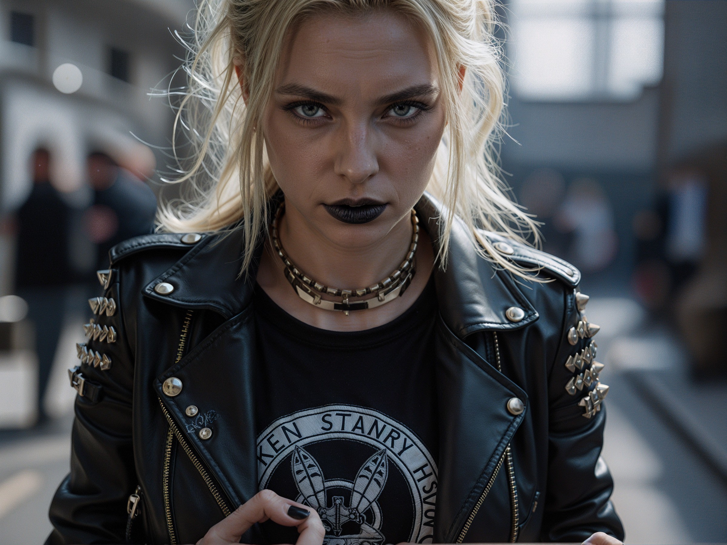Fierce Young Woman in Studded Jacket and Bold Makeup