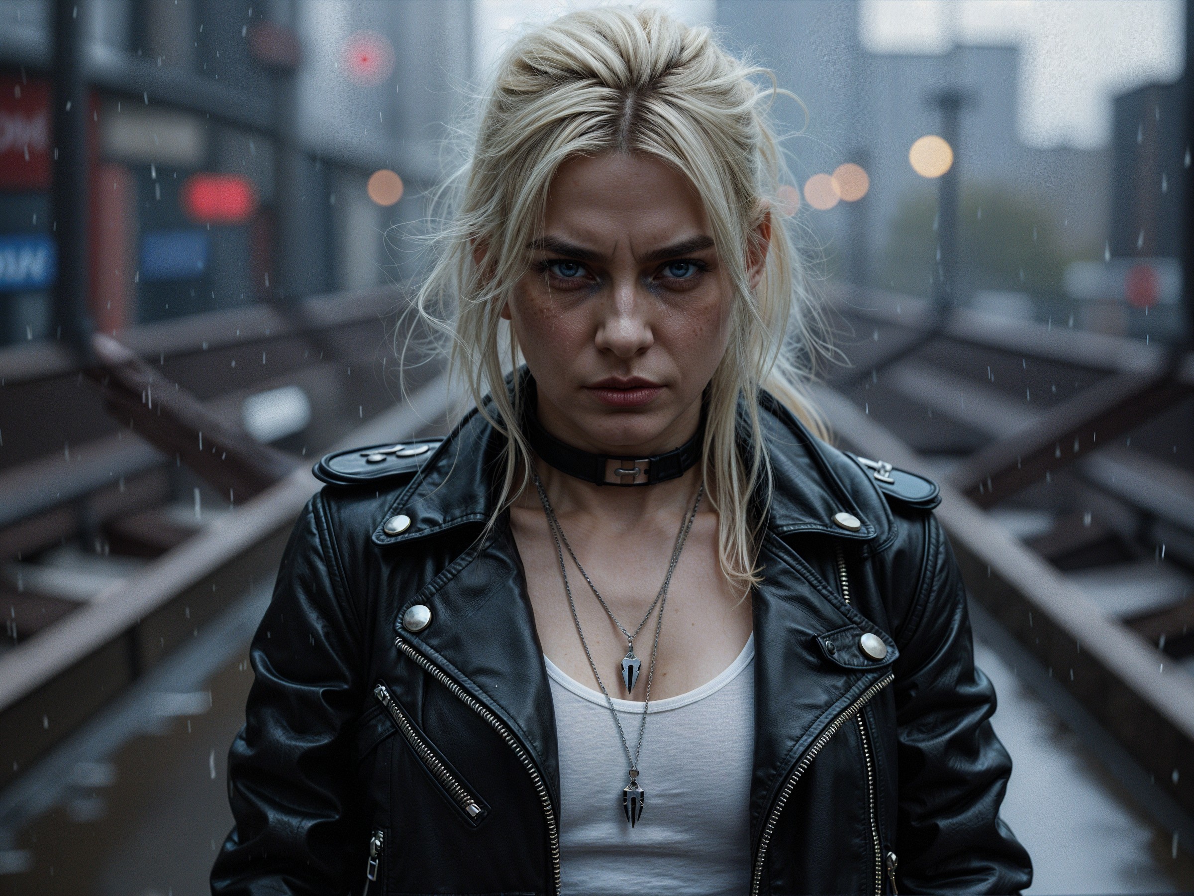 Confident Young Woman in Rain with Urban Backdrop