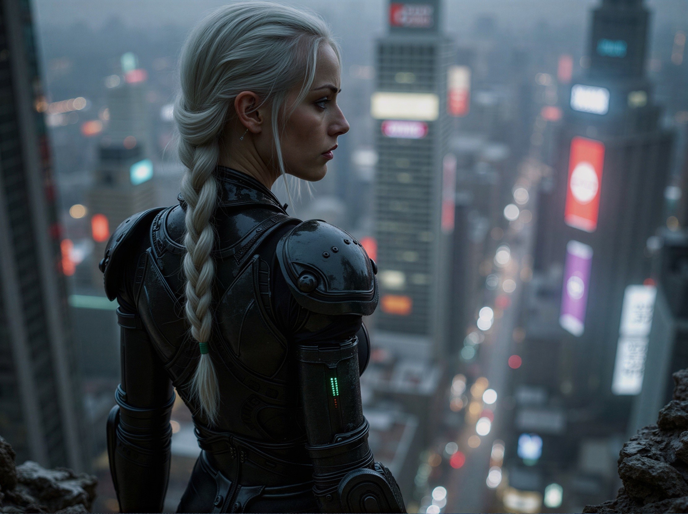 Warrior in Dark Armor with Braid in Cyberpunk City