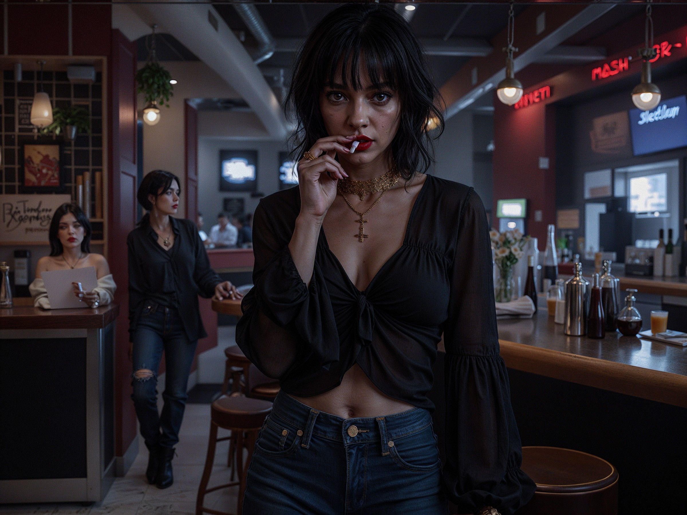 Stylish Bar Scene with Confident Woman and Atmosphere