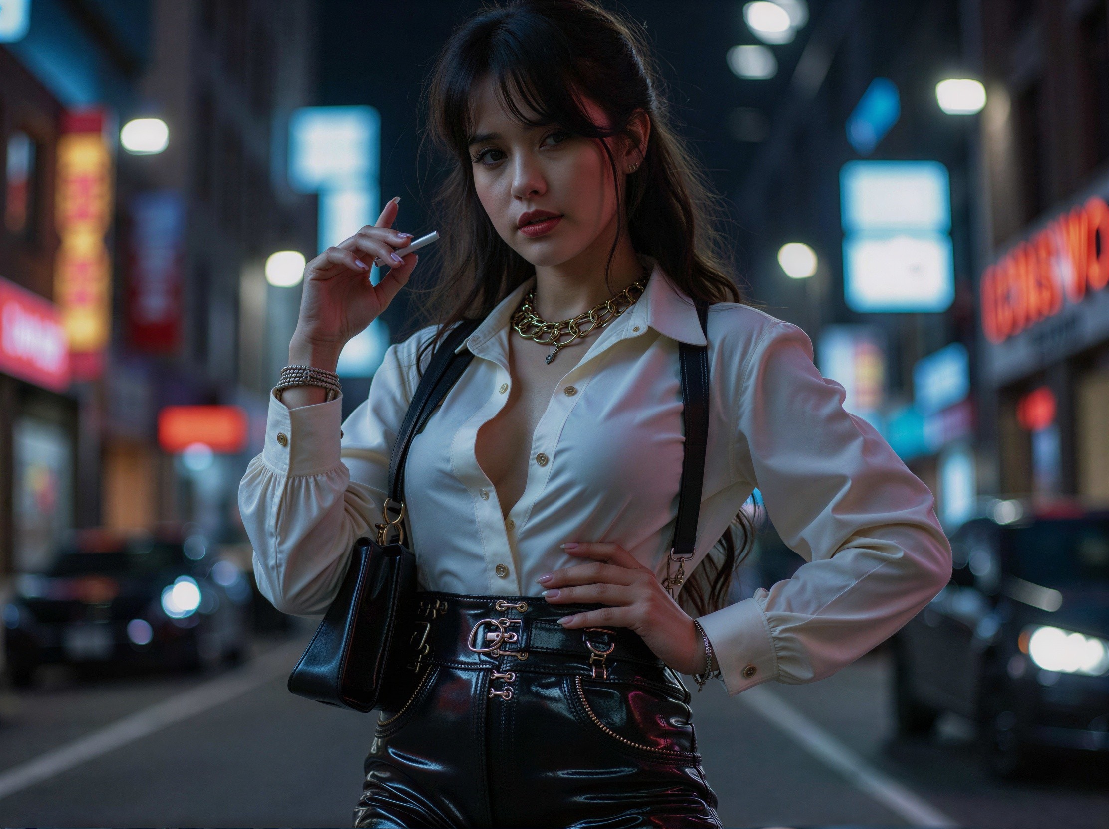Young woman in stylish outfit on blurred neon street