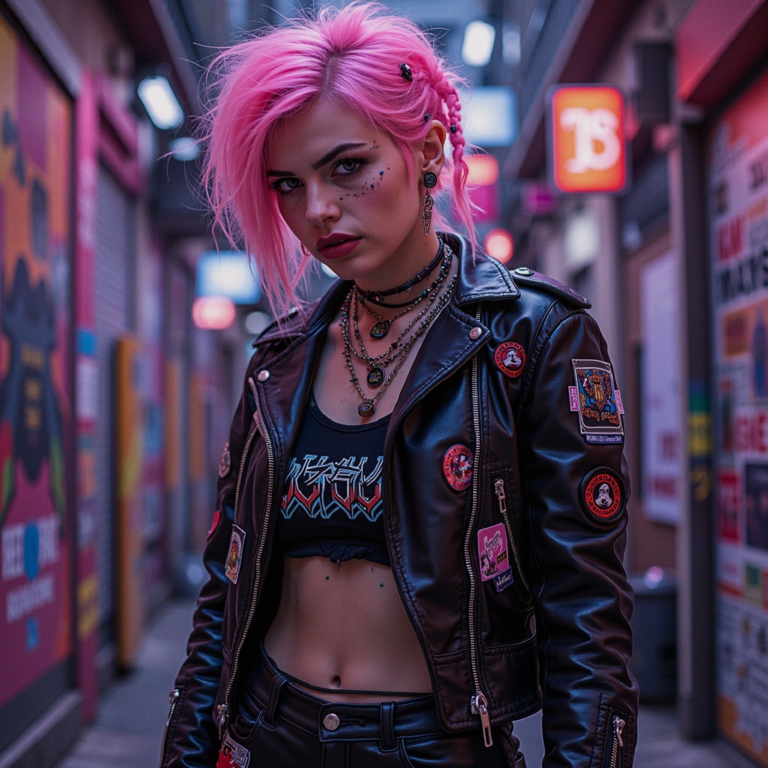 Young person in neon-lit alley with bold fashion