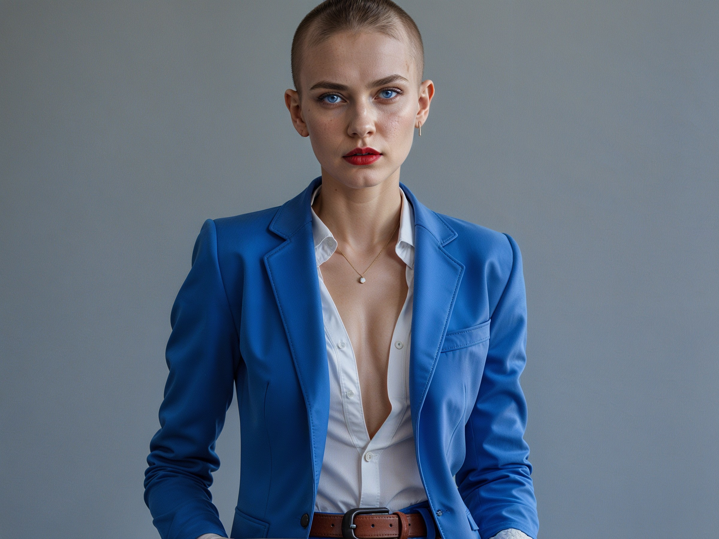 Confident Individual in Stylish Blue Blazer and White Shirt