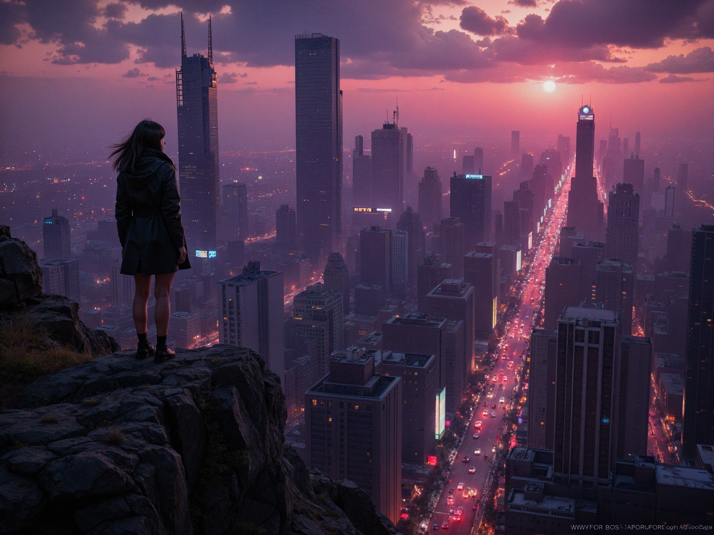 Silhouette on Rocky Ledge Overlooking City at Dusk