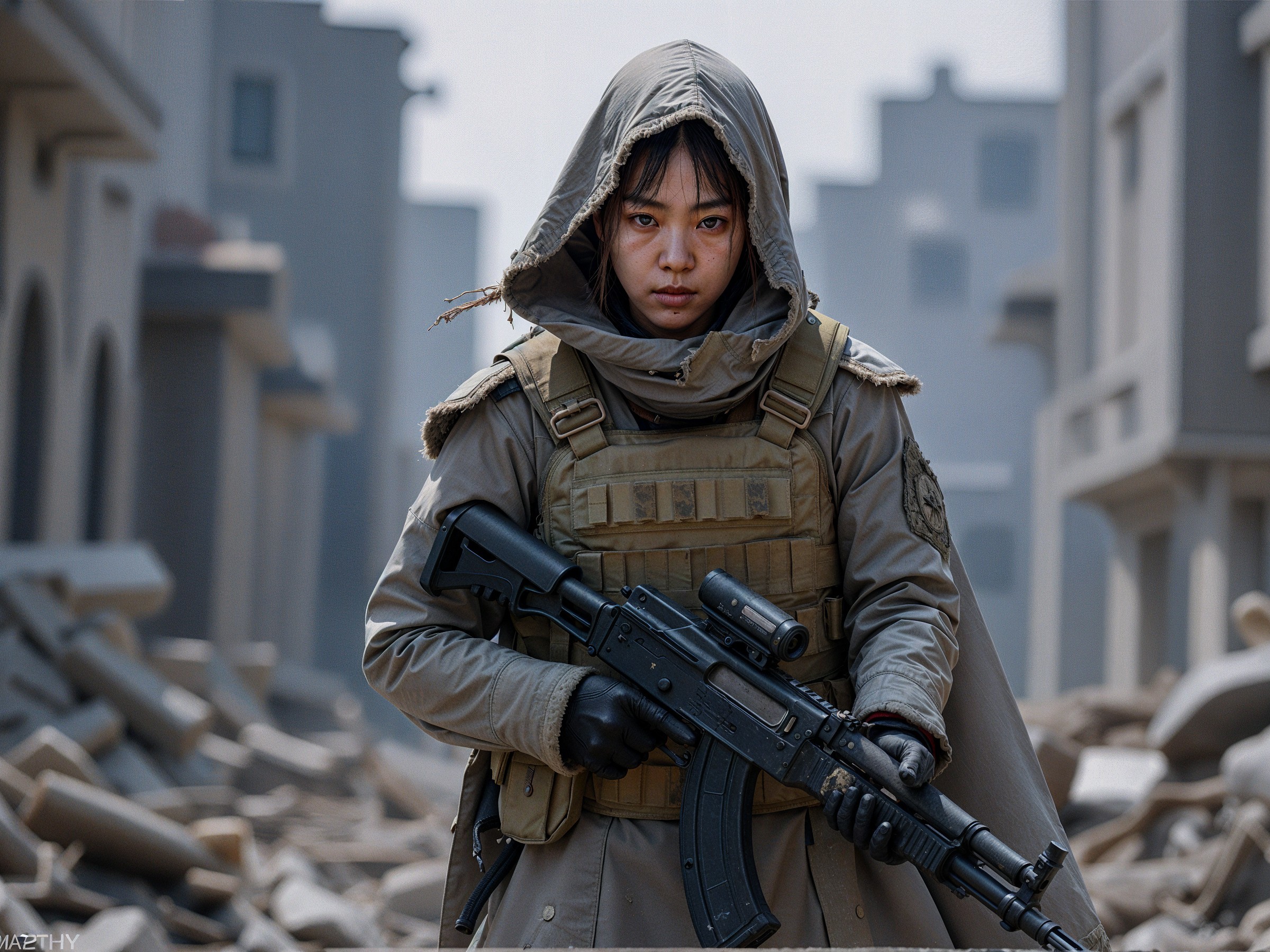 Young Woman in Tactical Gear in War-Torn Urban Setting