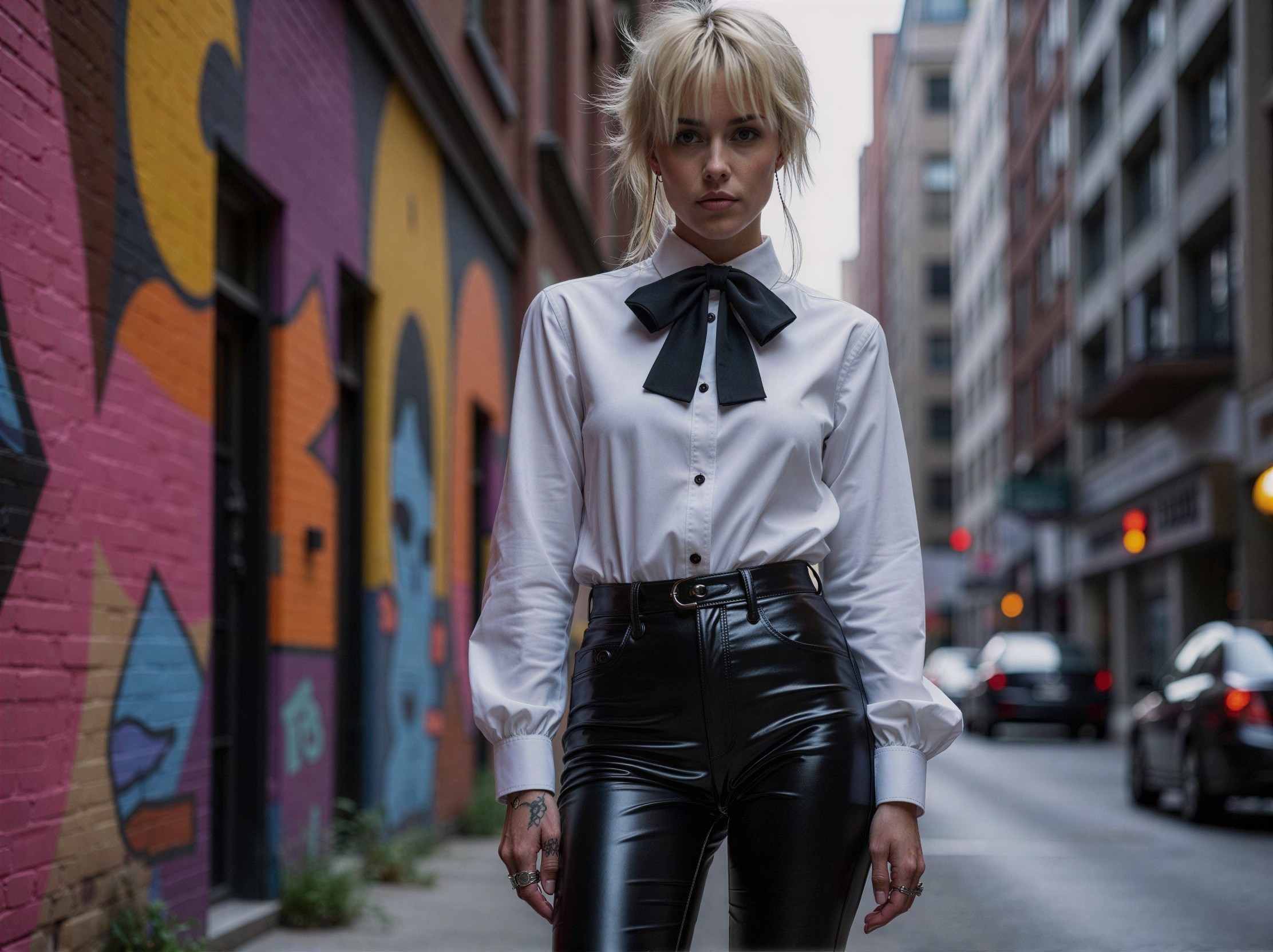 Woman in 90s Fashion with Pale Complexion and Blue Eyes