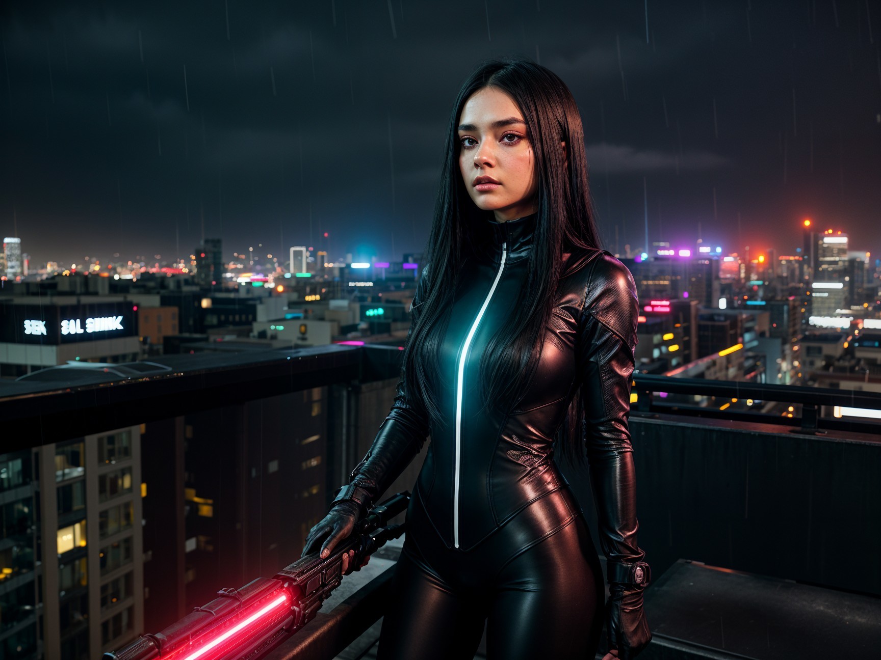 Futuristic woman in black suit on city rooftop at night