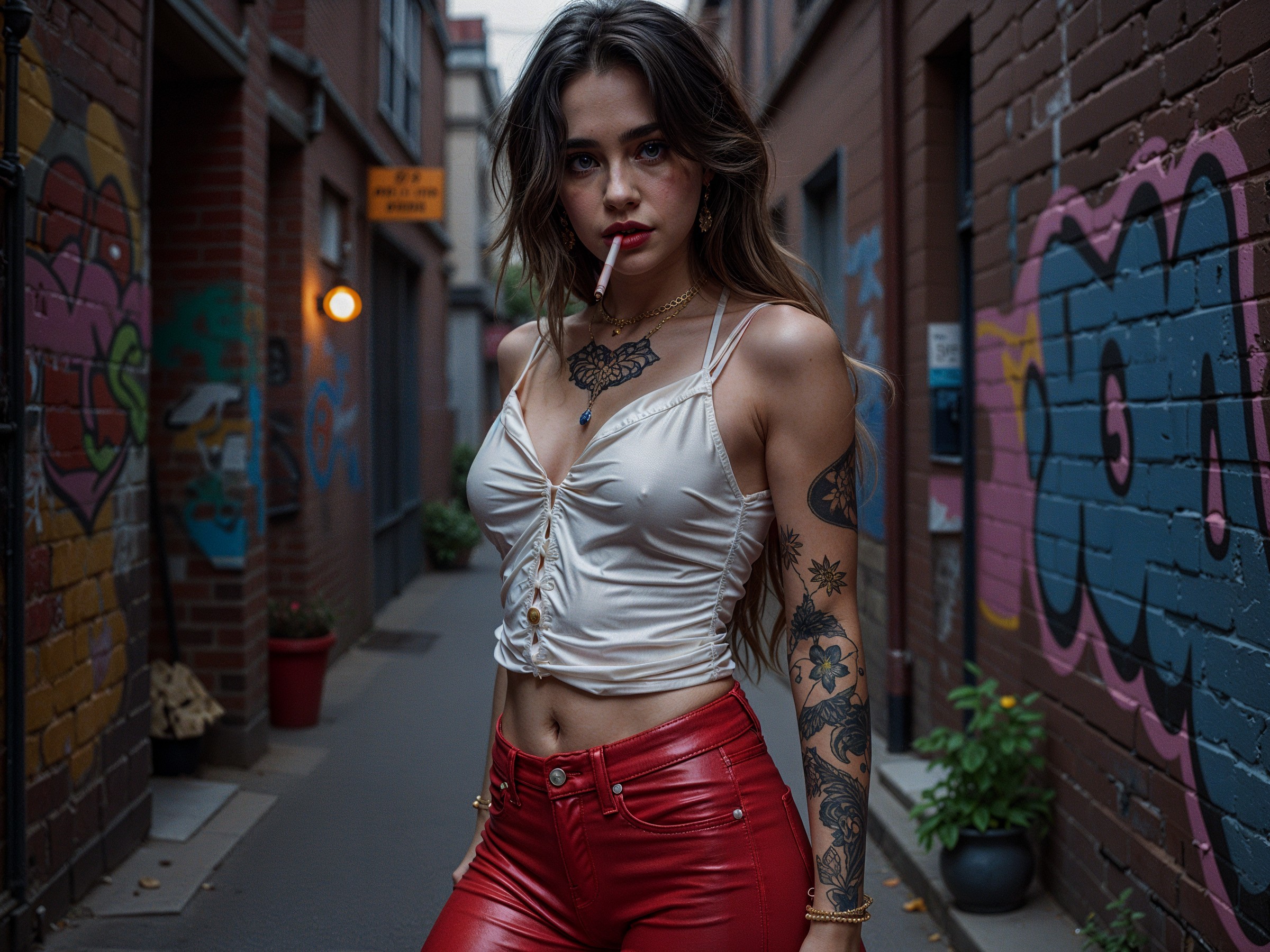 Young Woman in Alleyway with Graffiti and Tattoos