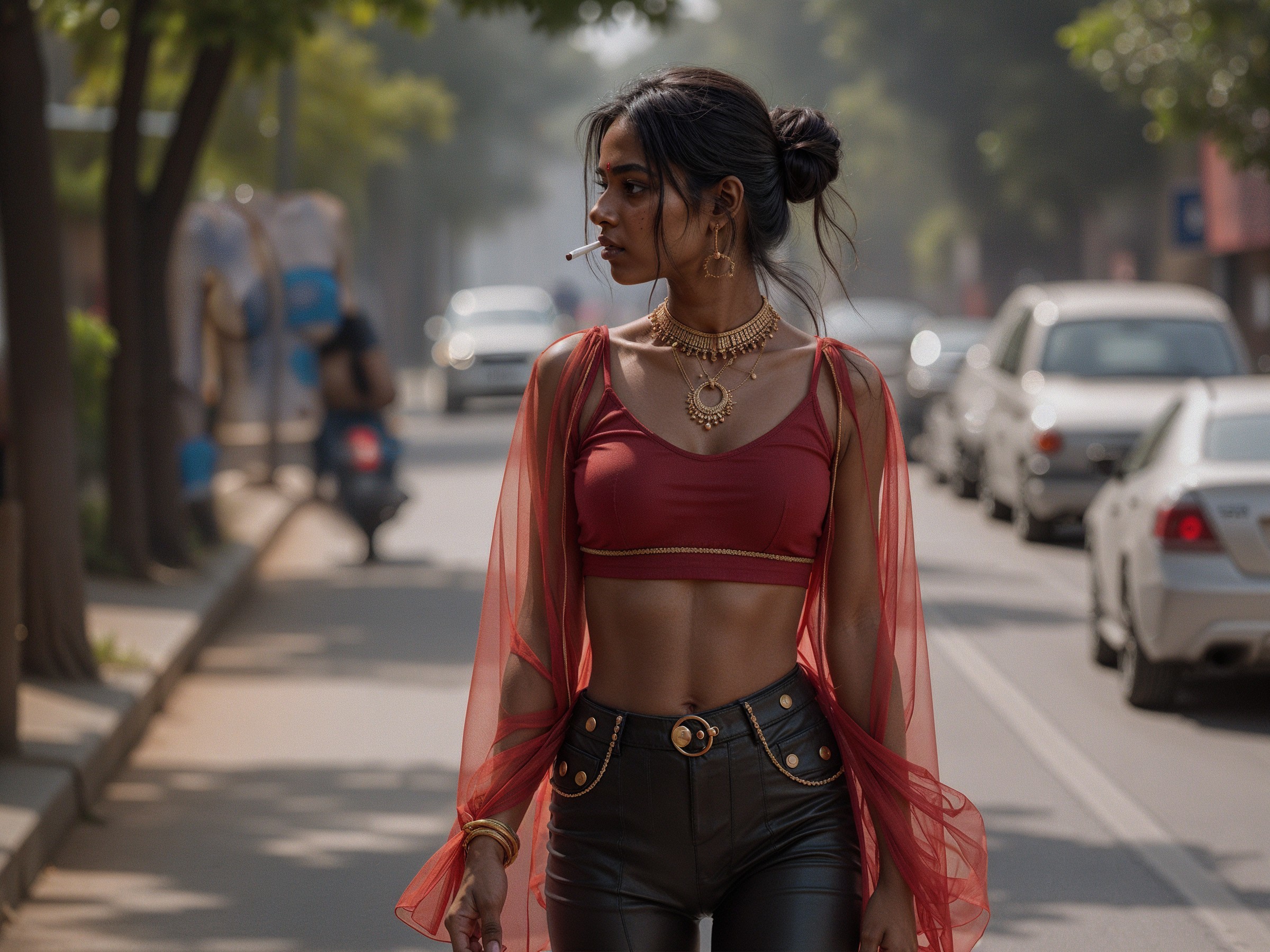 Young woman in sheer red top and leather pants on street