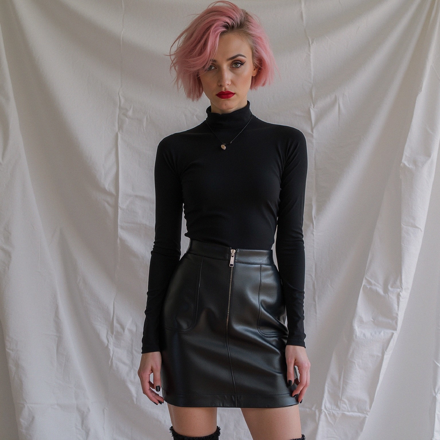 Confident Individual in Black Turtleneck and Mini Skirt