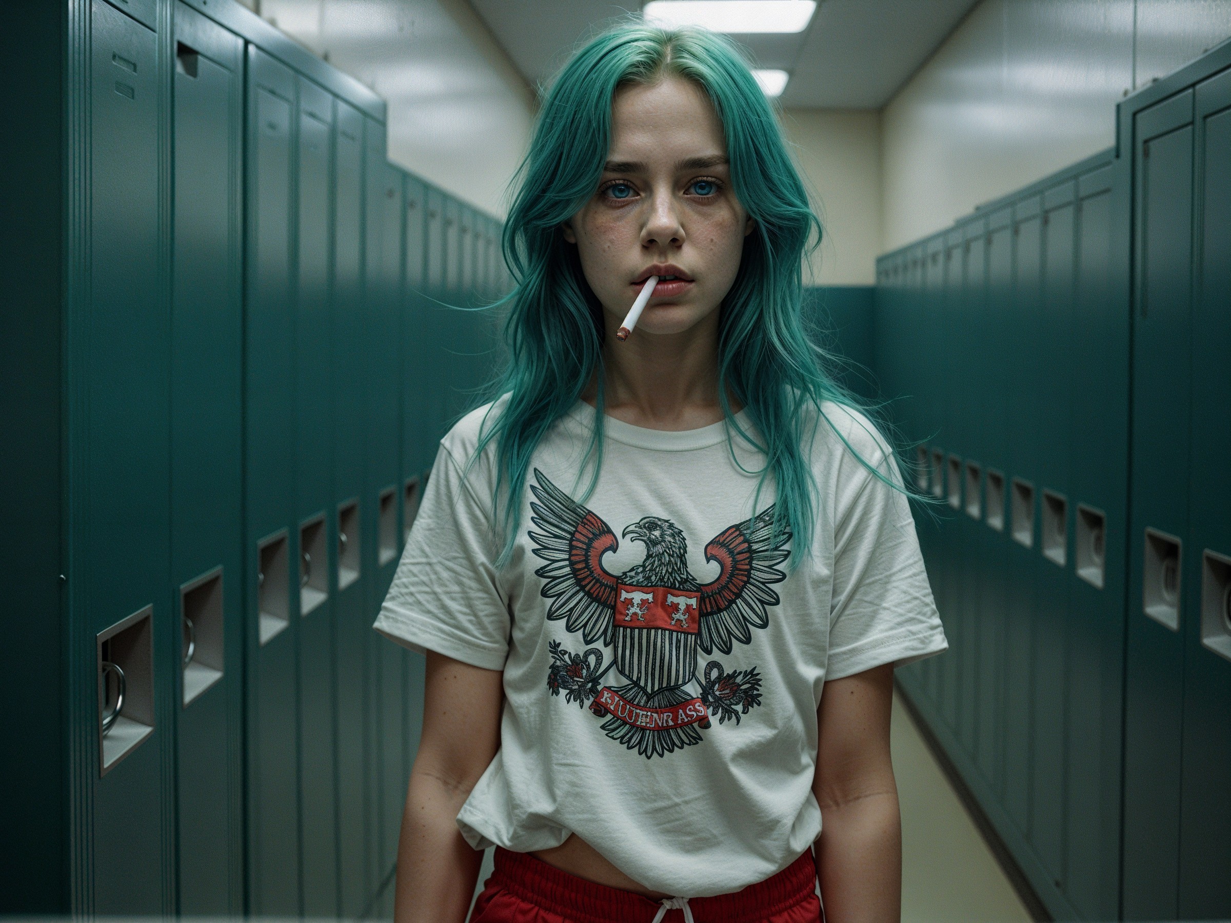 Young Woman with Teal Hair in School Hallway