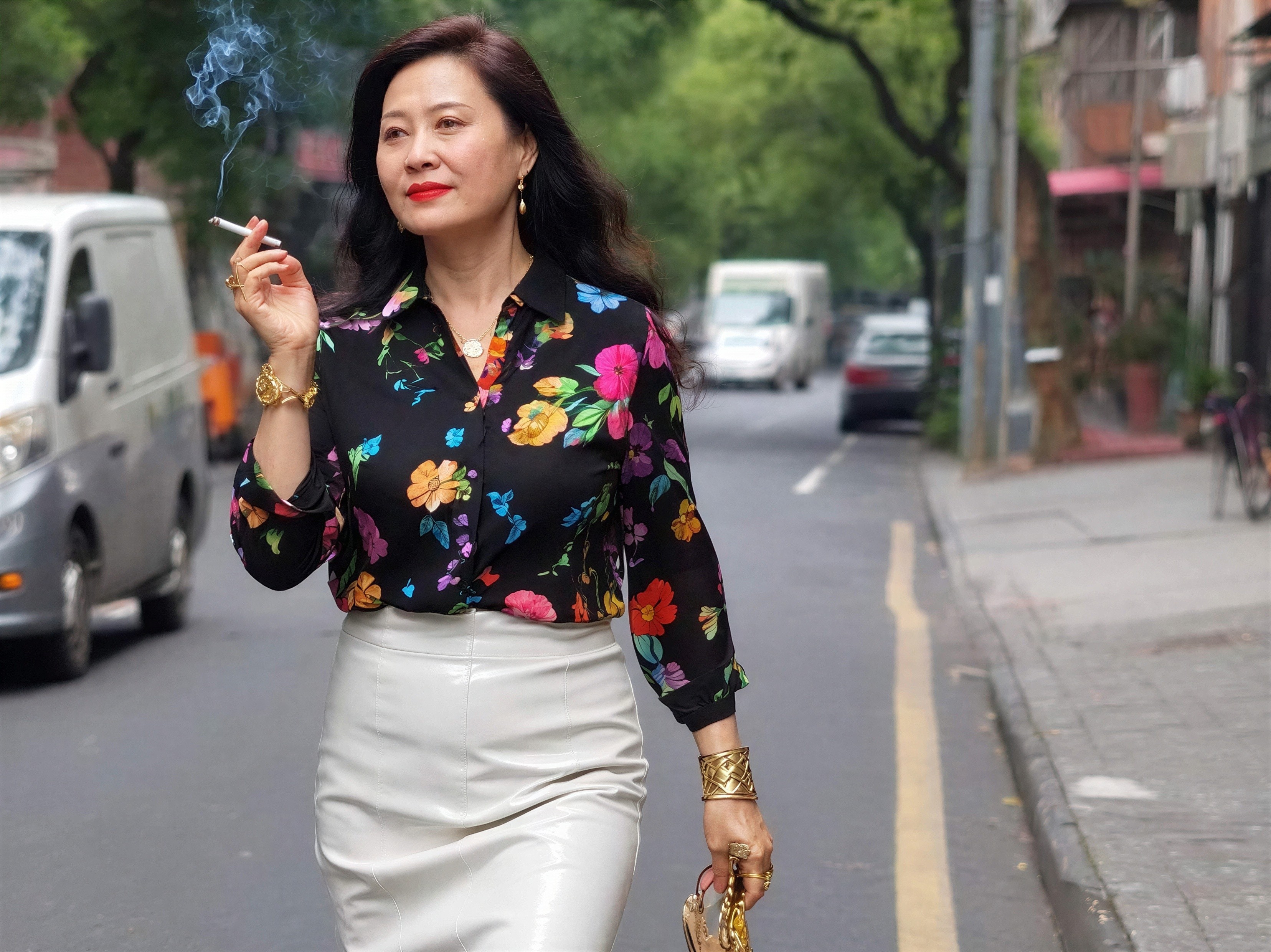 Elegant Asian woman in floral shirt and pencil skirt