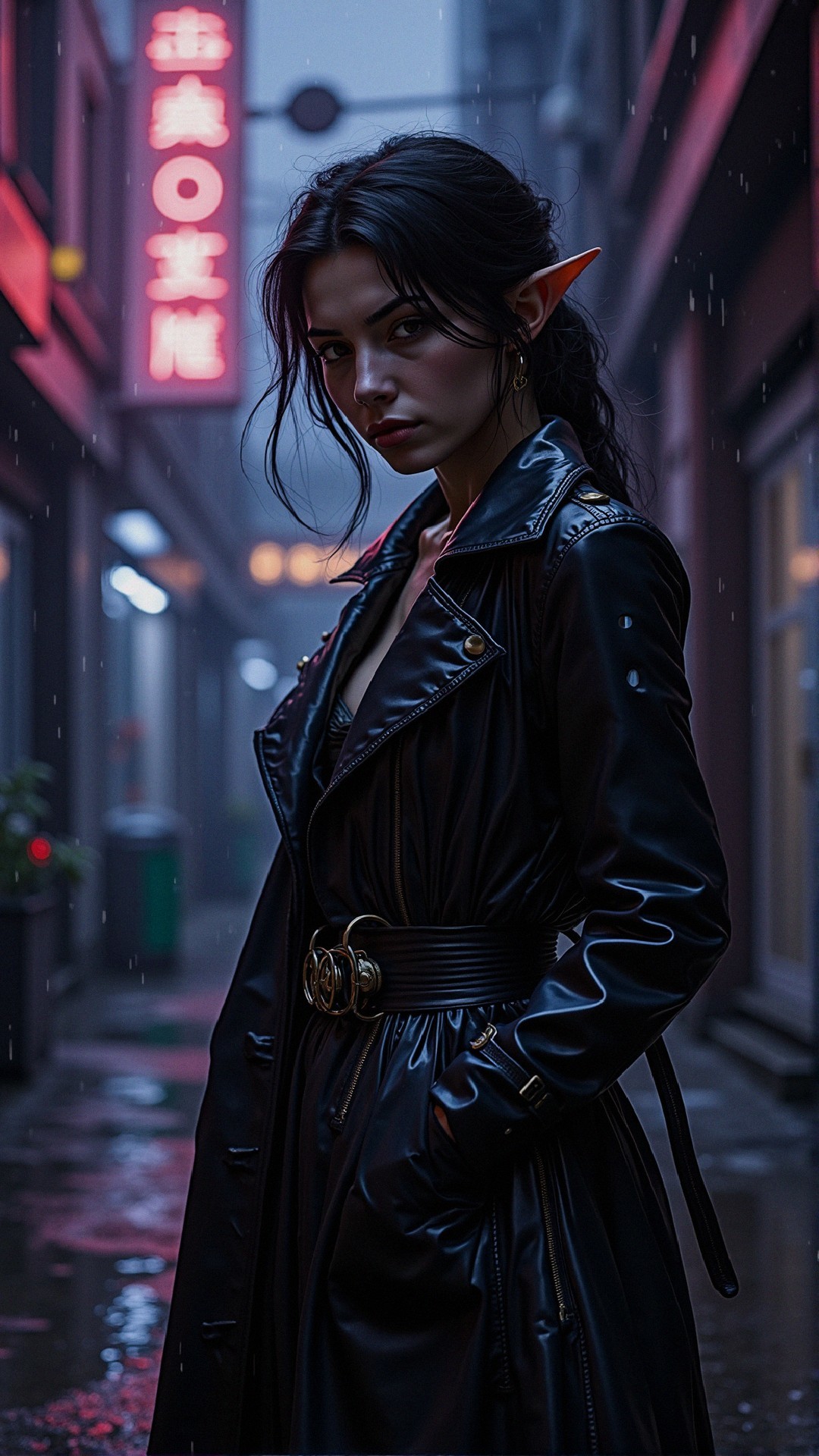 Young woman with pointed ears in neon-lit alleyway