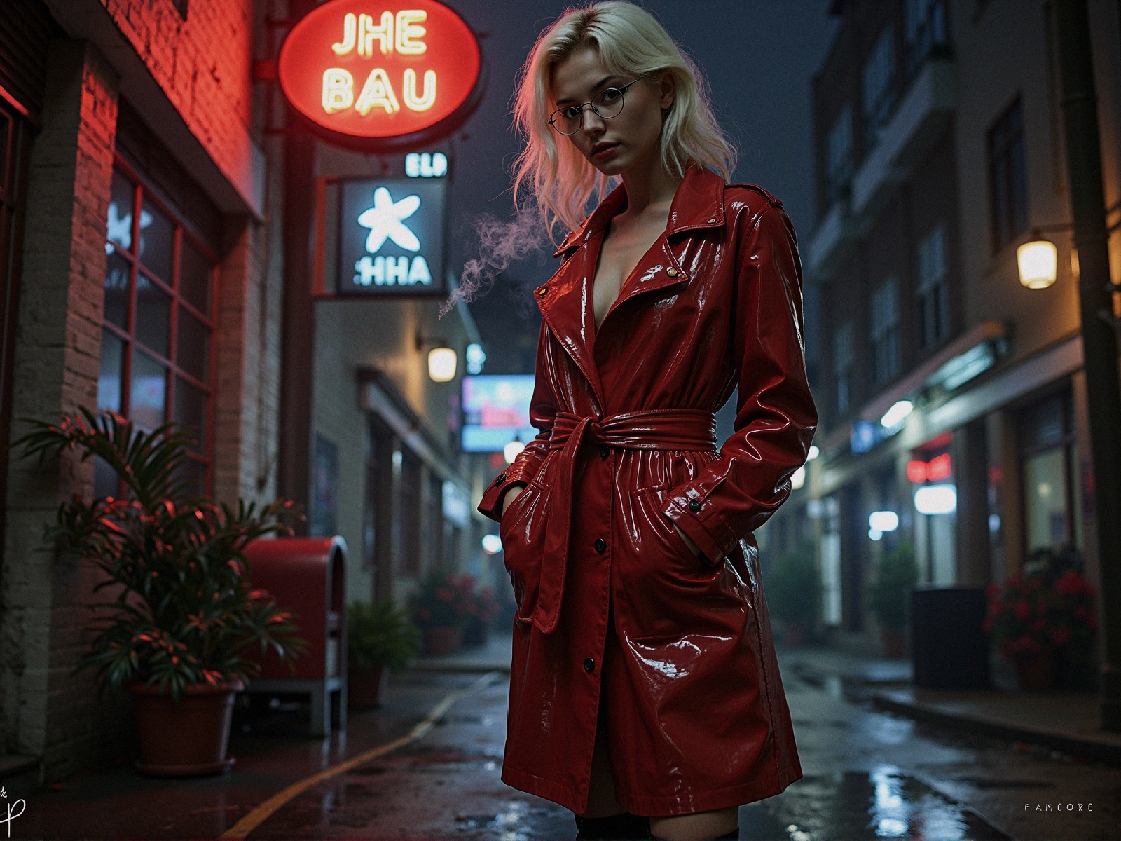 Stylish figure in red trench coat in neon-lit alley