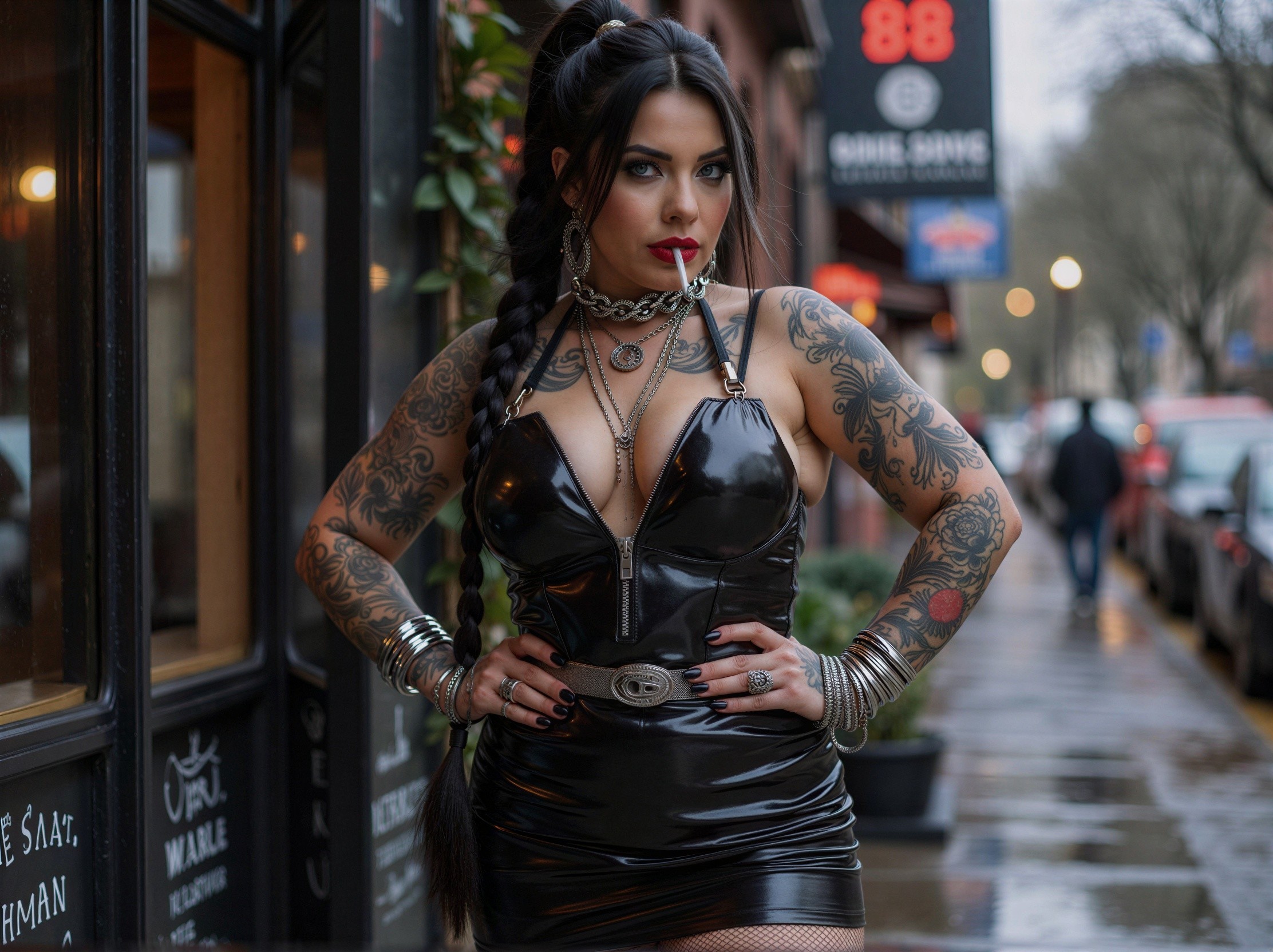 Young woman in black latex dress with tattoos and accessories