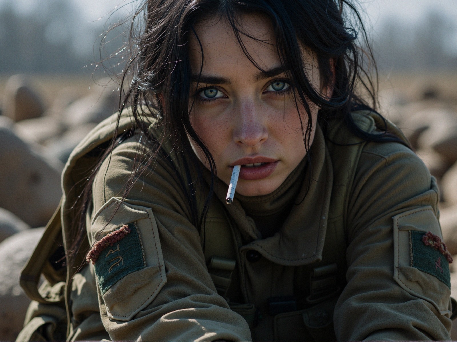 Young woman in military attire on rocky terrain