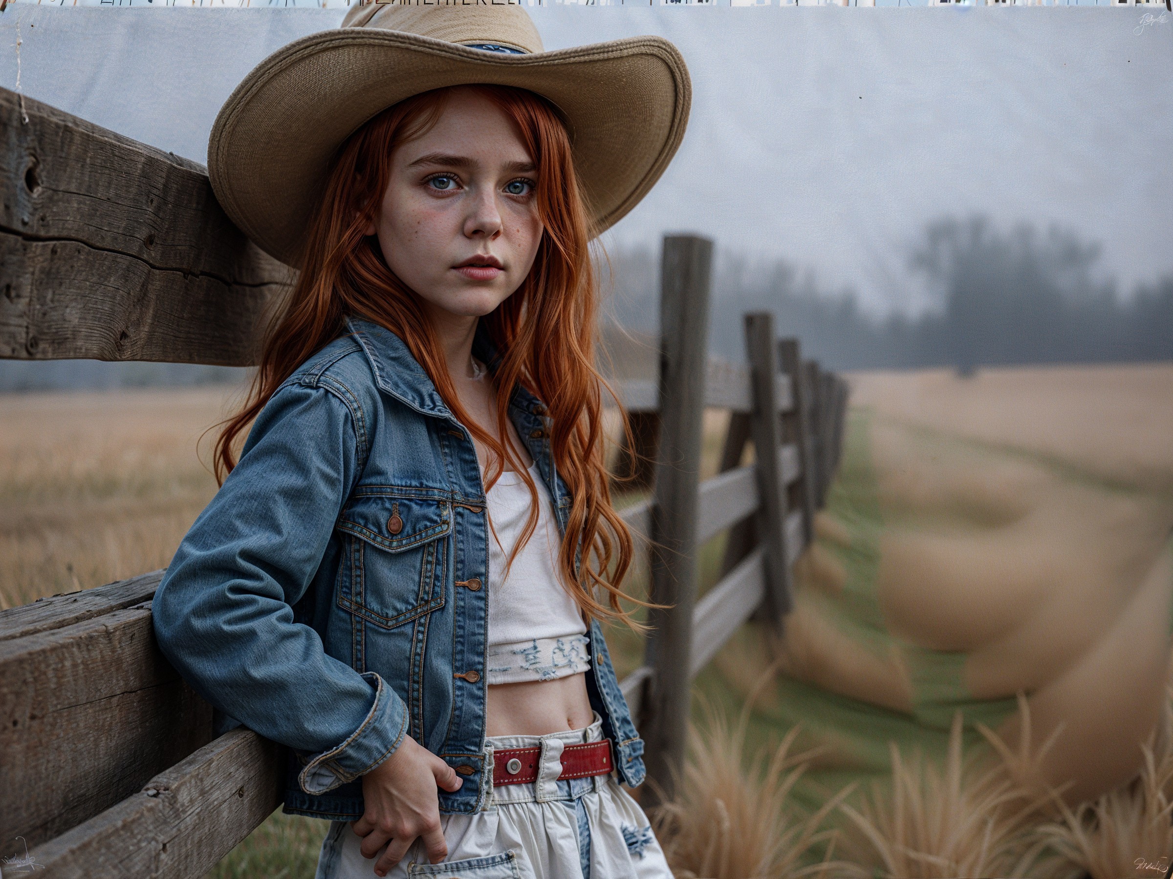 Young girl in denim jacket by foggy field fence