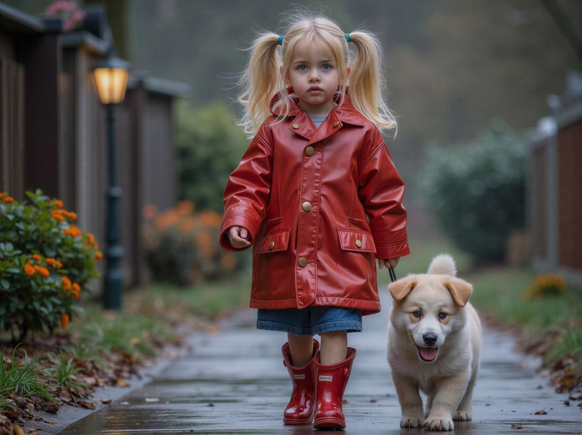 Young girl in red coat walking white puppy on path