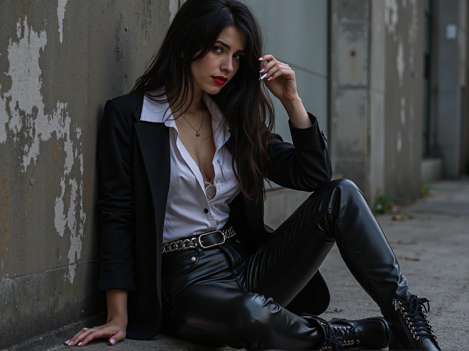 Stylish Young Woman in Black Blazer Against Wall