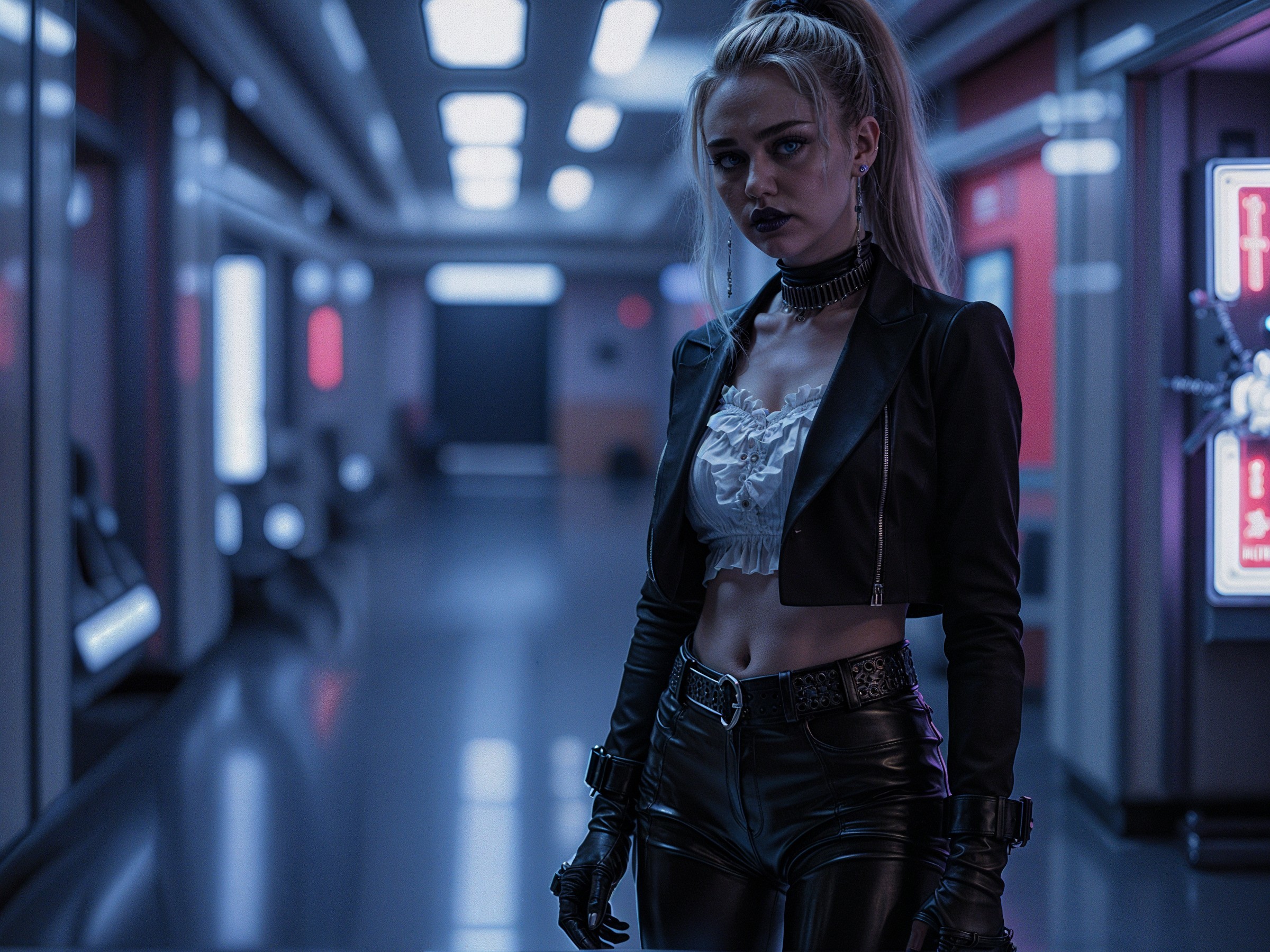 Futuristic Corridor with Confident Woman in Edgy Fashion