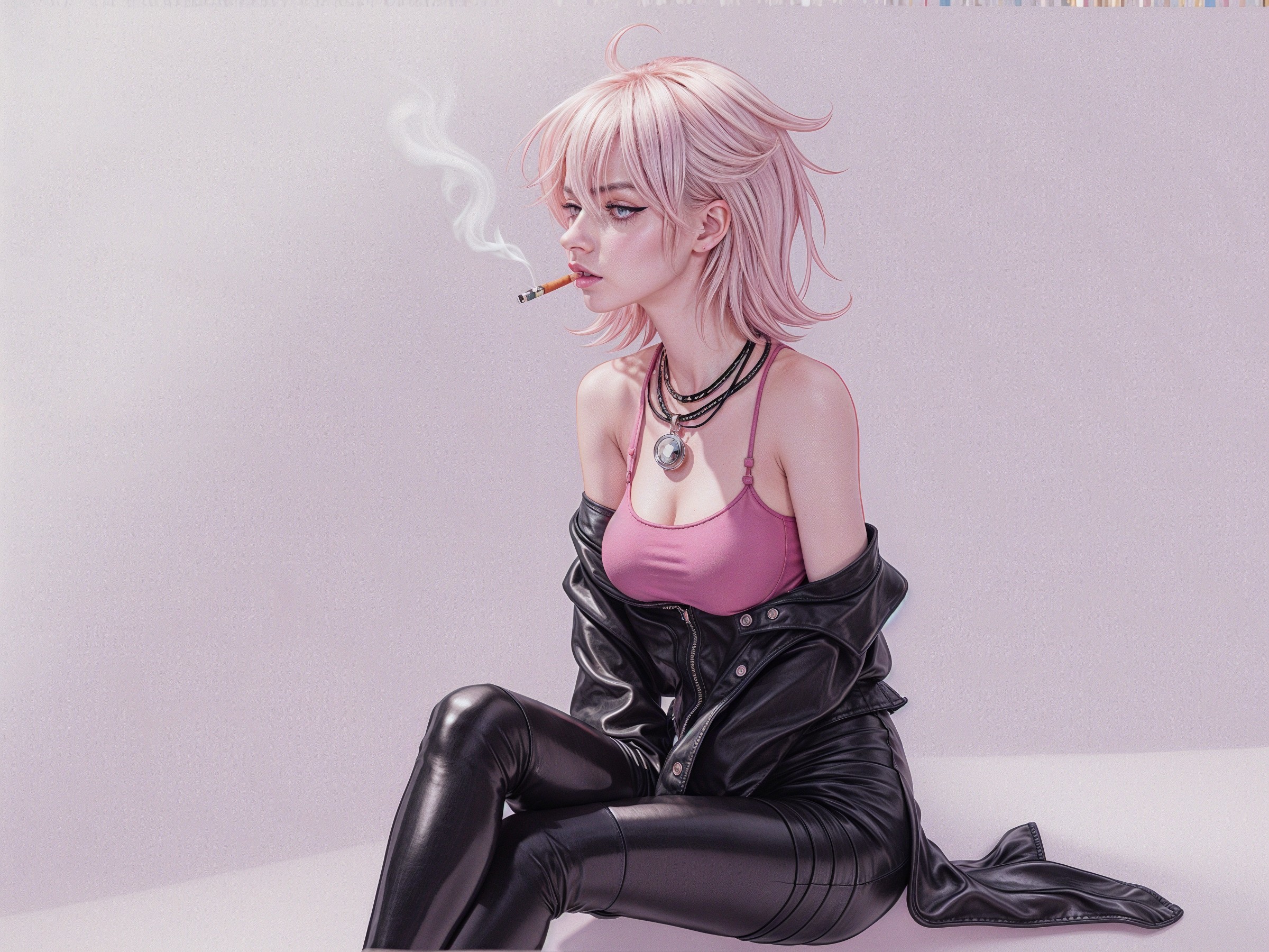 Stylish character with pink hair and leather pants