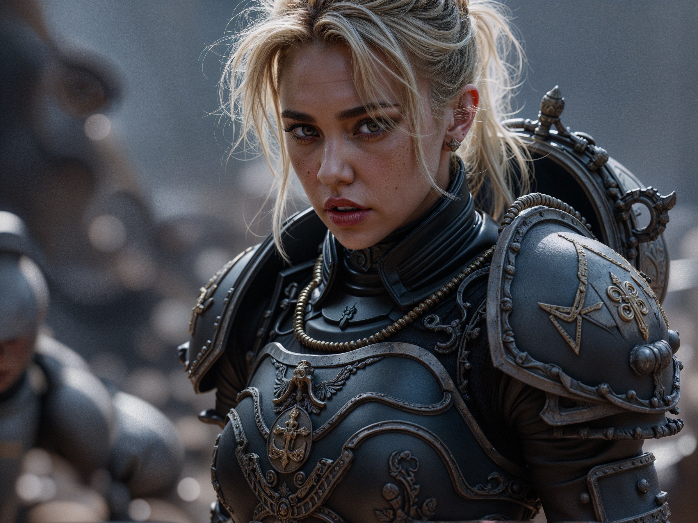 Fierce warrior in ornate black armor on battlefield