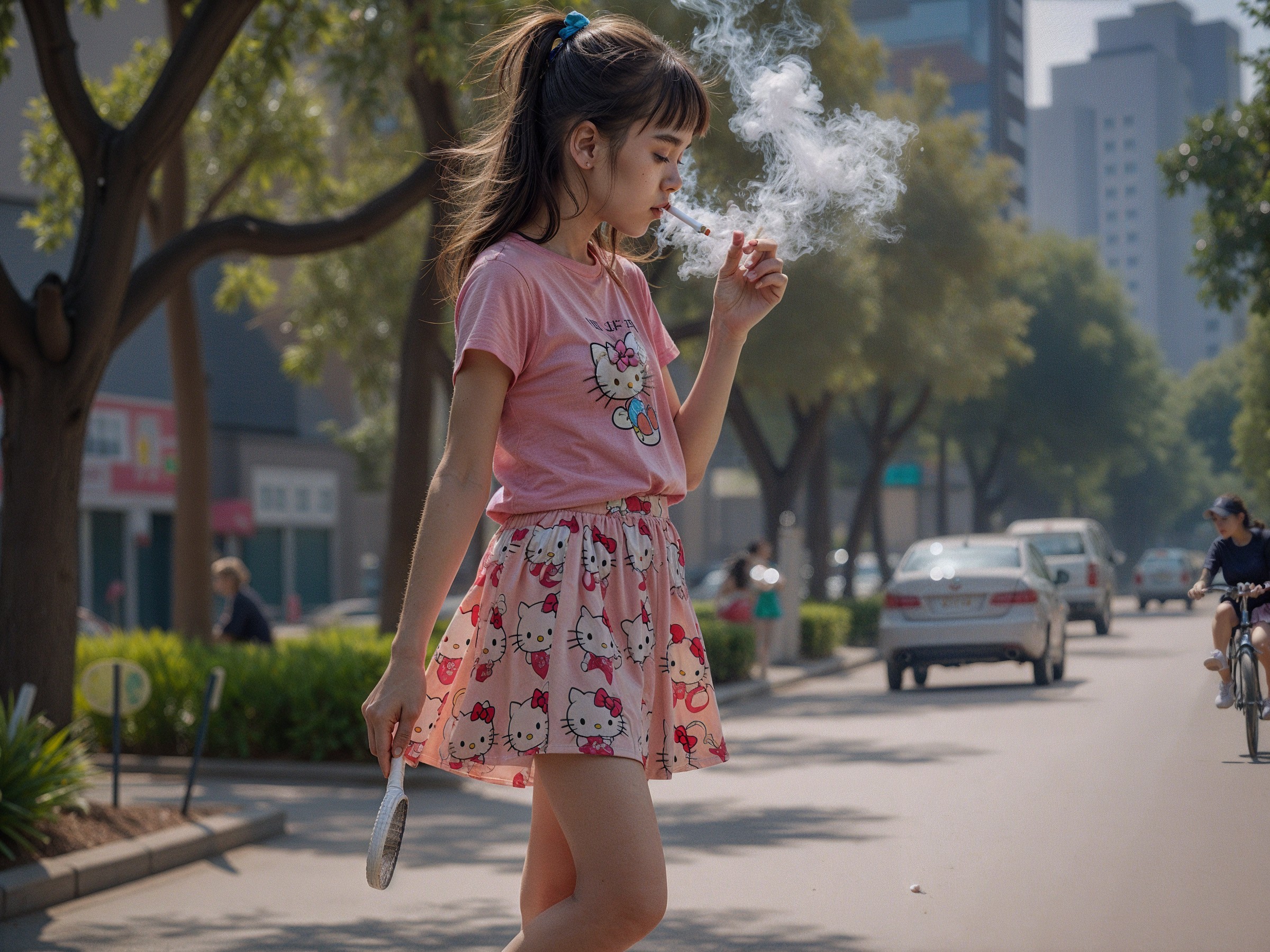 Young Girl in Pink Outfit on Busy Urban Street