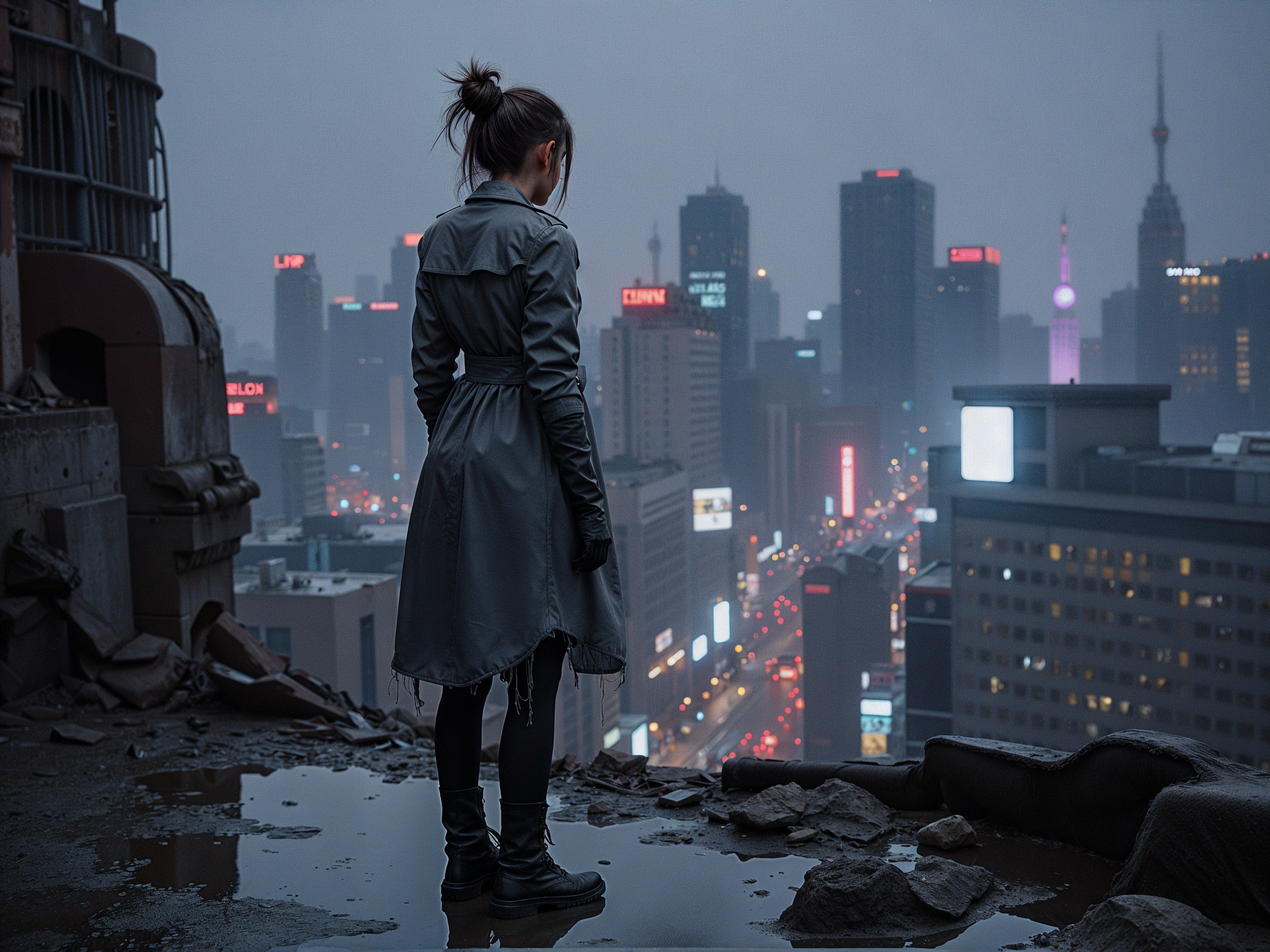 Rooftop Figure Overlooking Twilight Urban Landscape