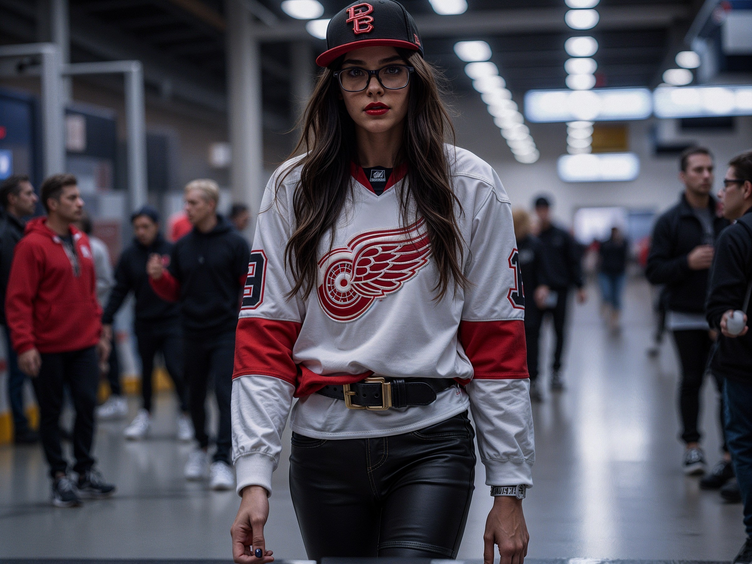Young Woman in Vintage Hockey Jersey at Arena