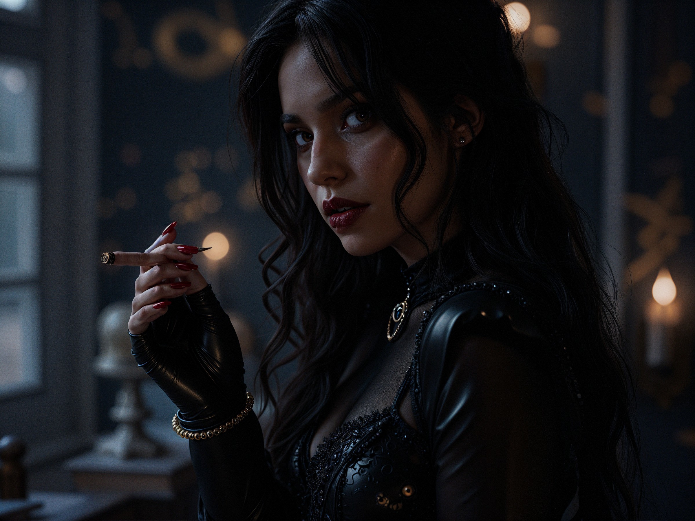 Woman in Black Outfit with Cigarette and Candlelight
