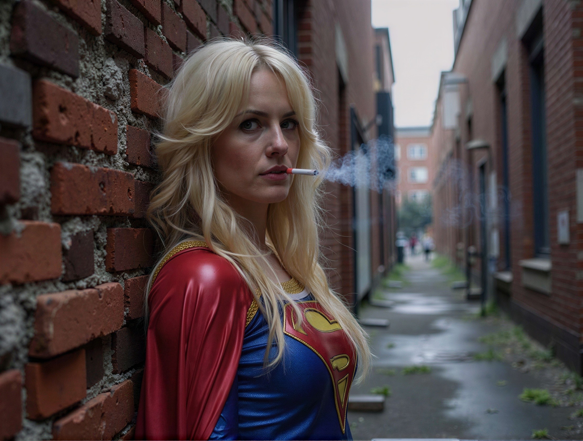 Blonde Female Cosplaying as Supergirl in Urban Alleyway