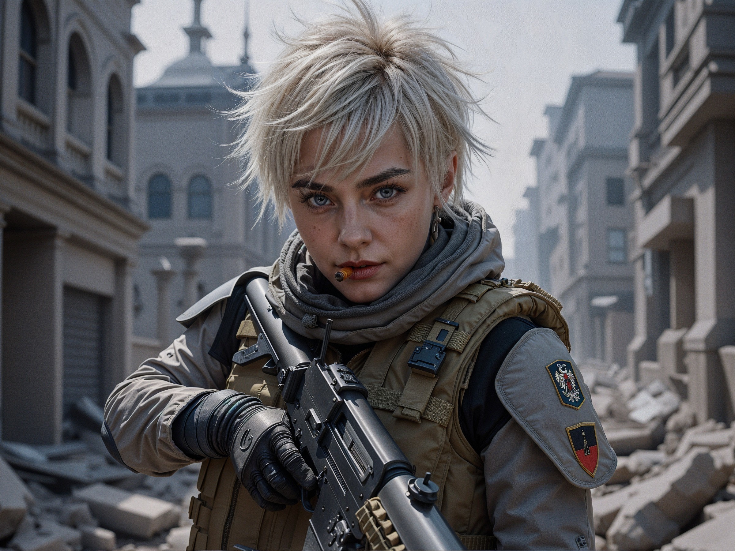 Young soldier in tactical gear in war-torn cityscape