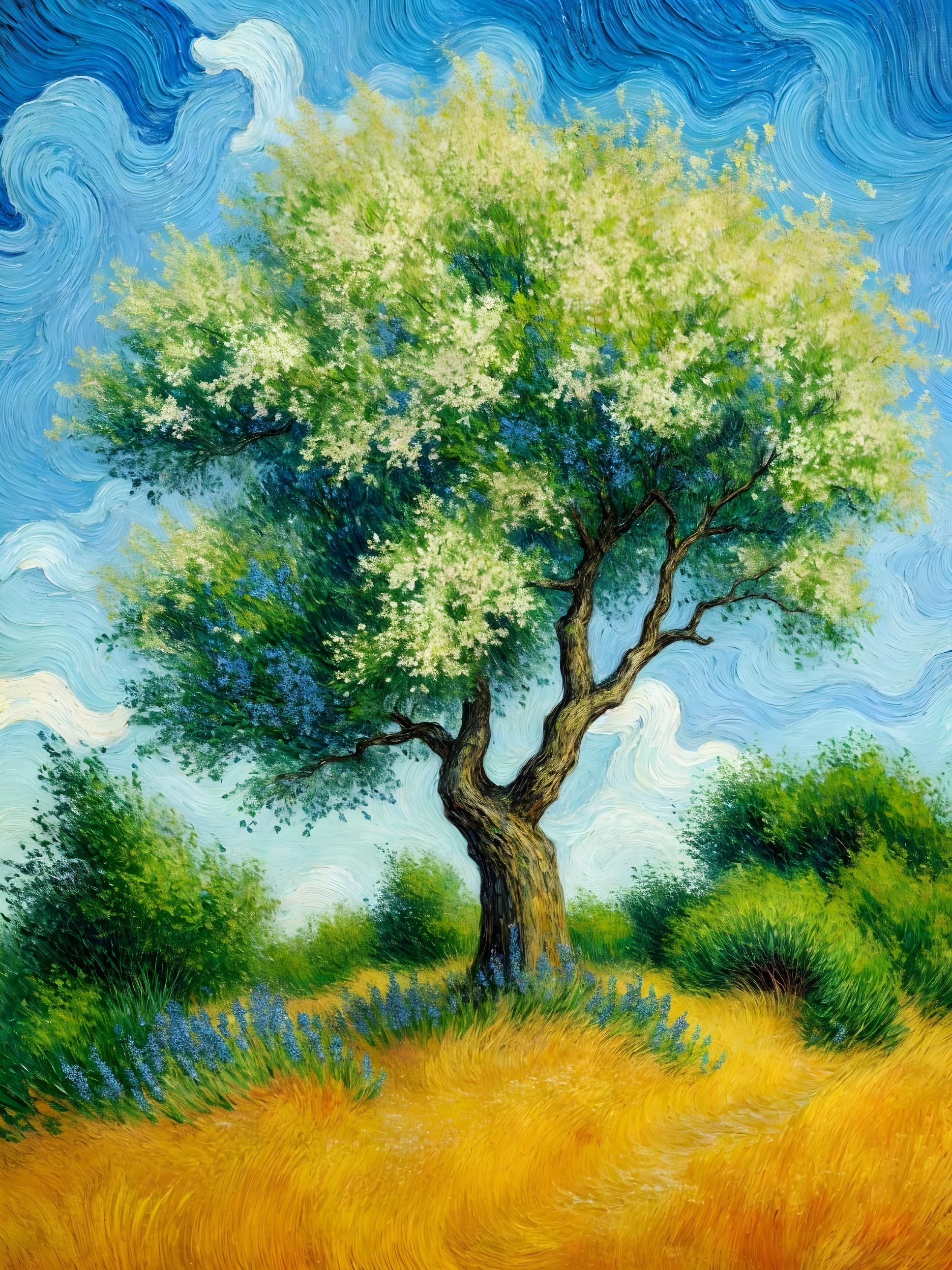 Vibrant Landscape with Tree, Blue Sky, and Flowers