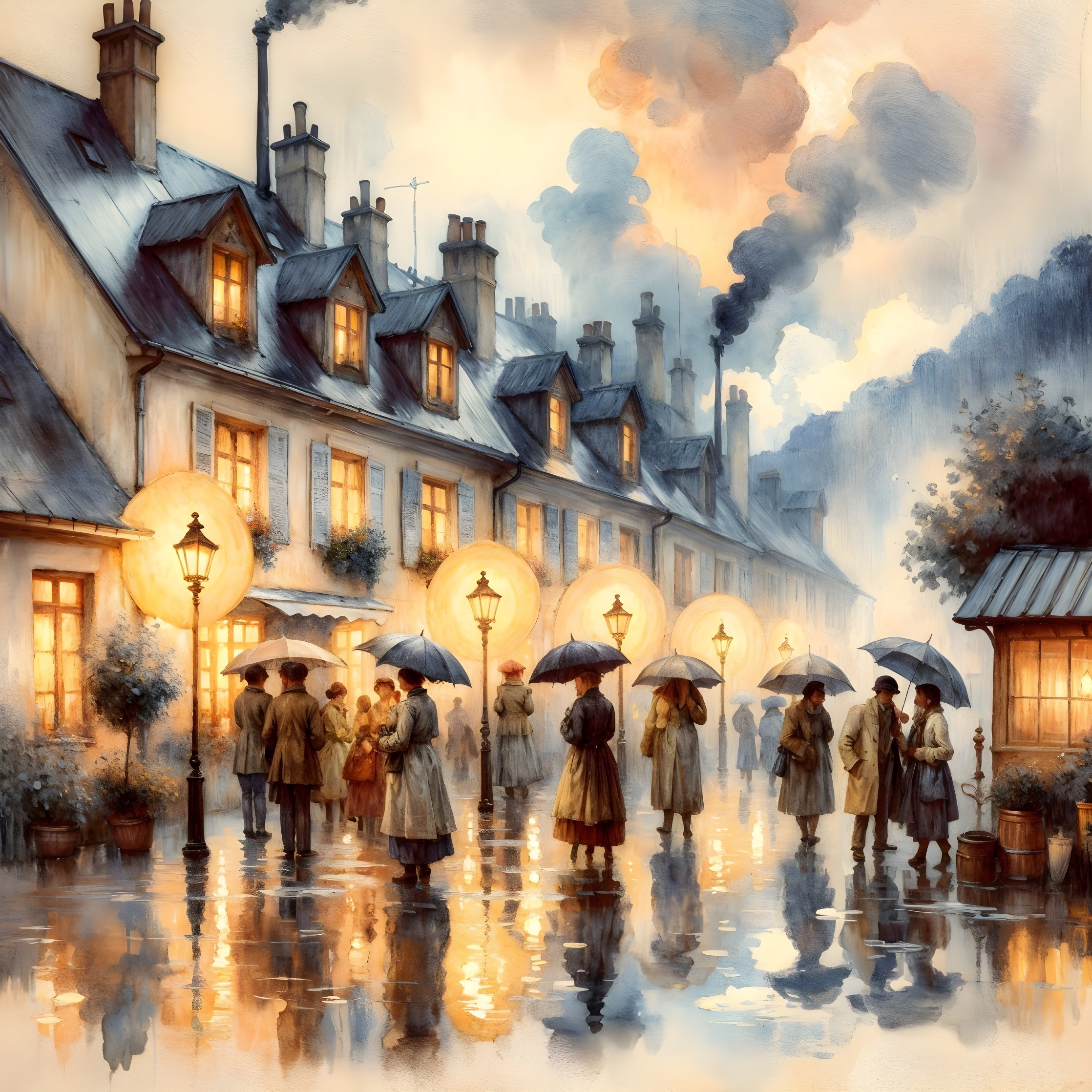 Foggy Town Street Scene with Umbrellas and Gas Lamps