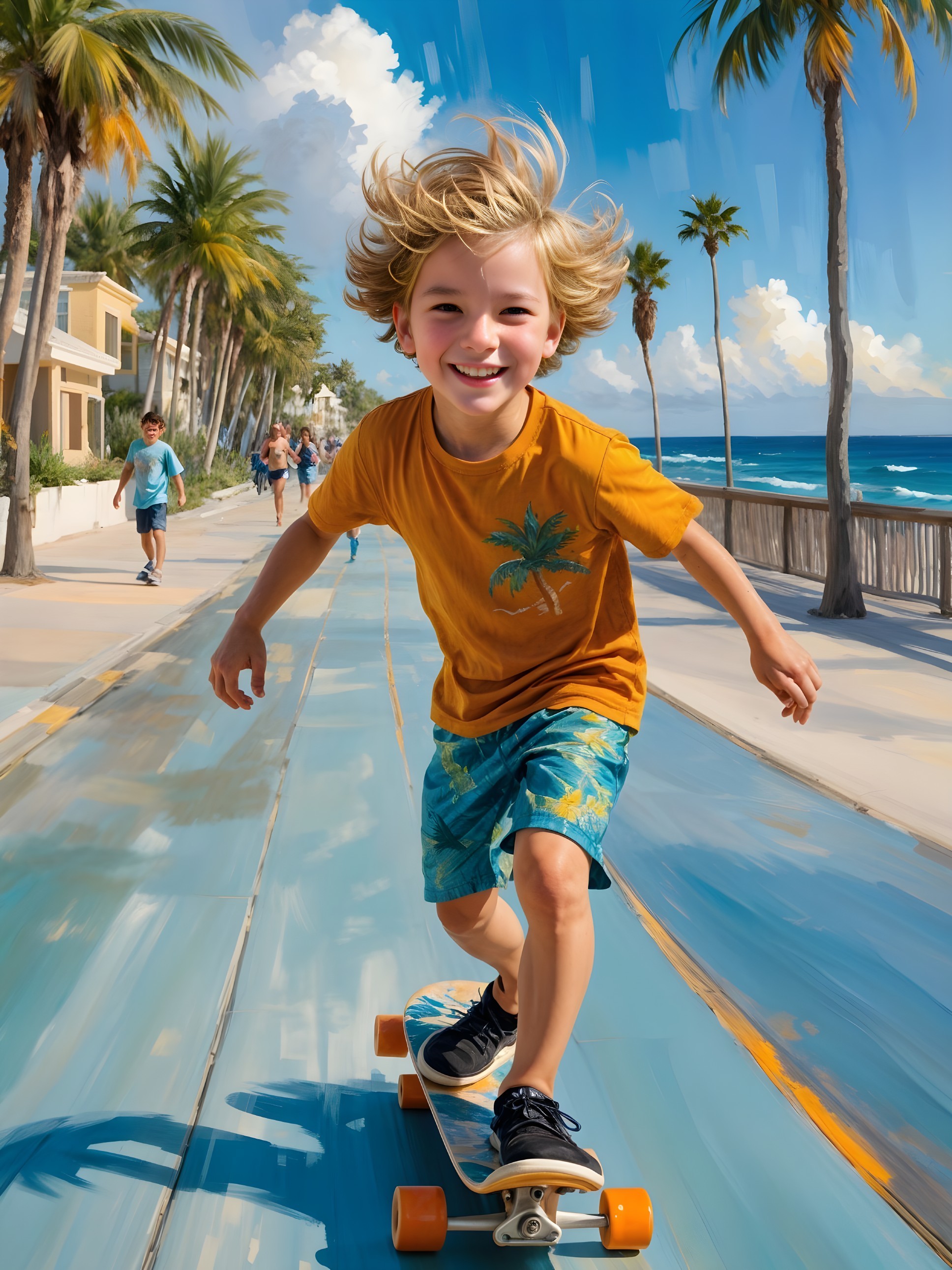 Joyful Boy Skating Along Beachside Path with Palm Trees