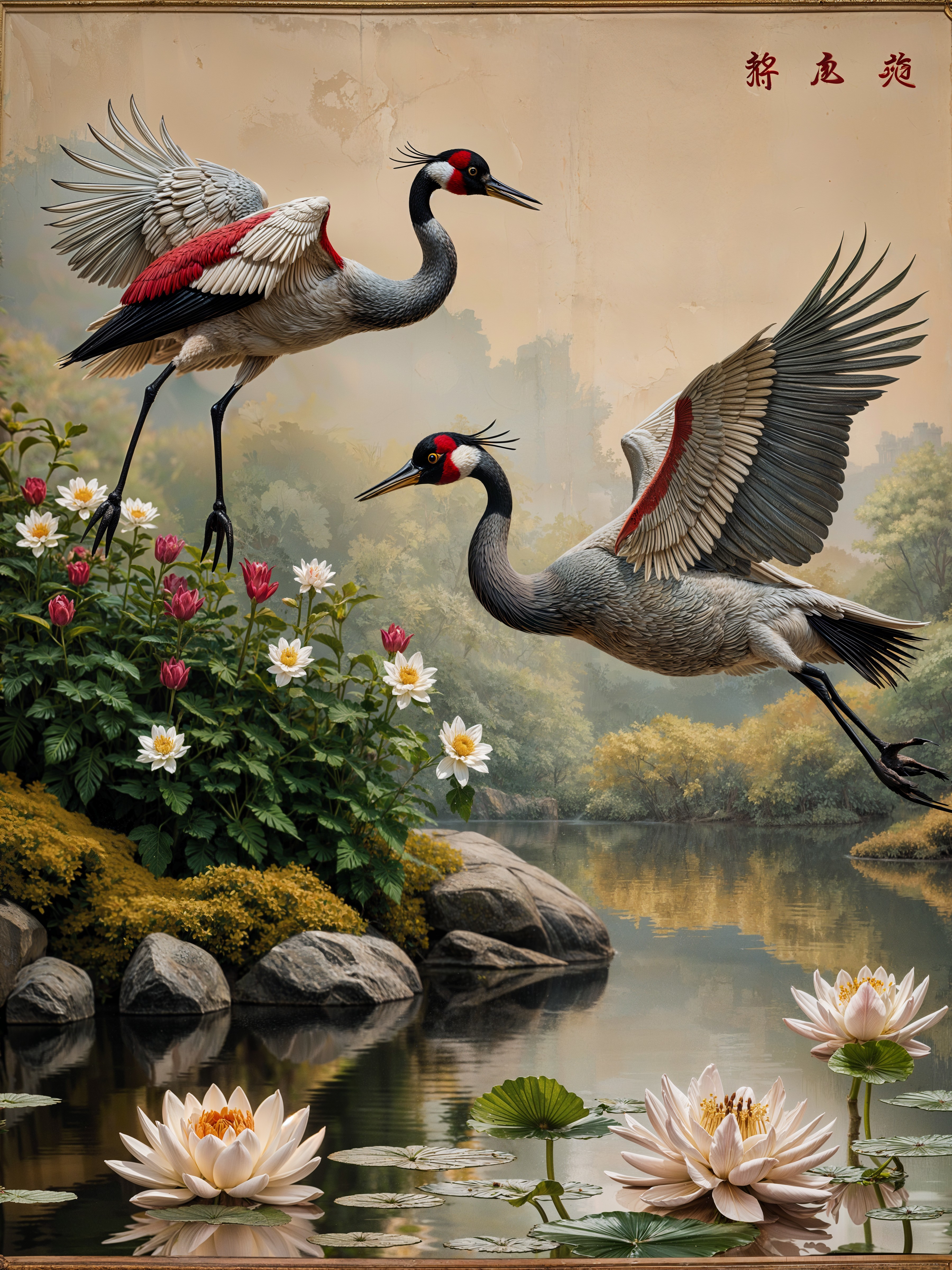 Cranes in Flight Over Lotus Pond in Chinese Art