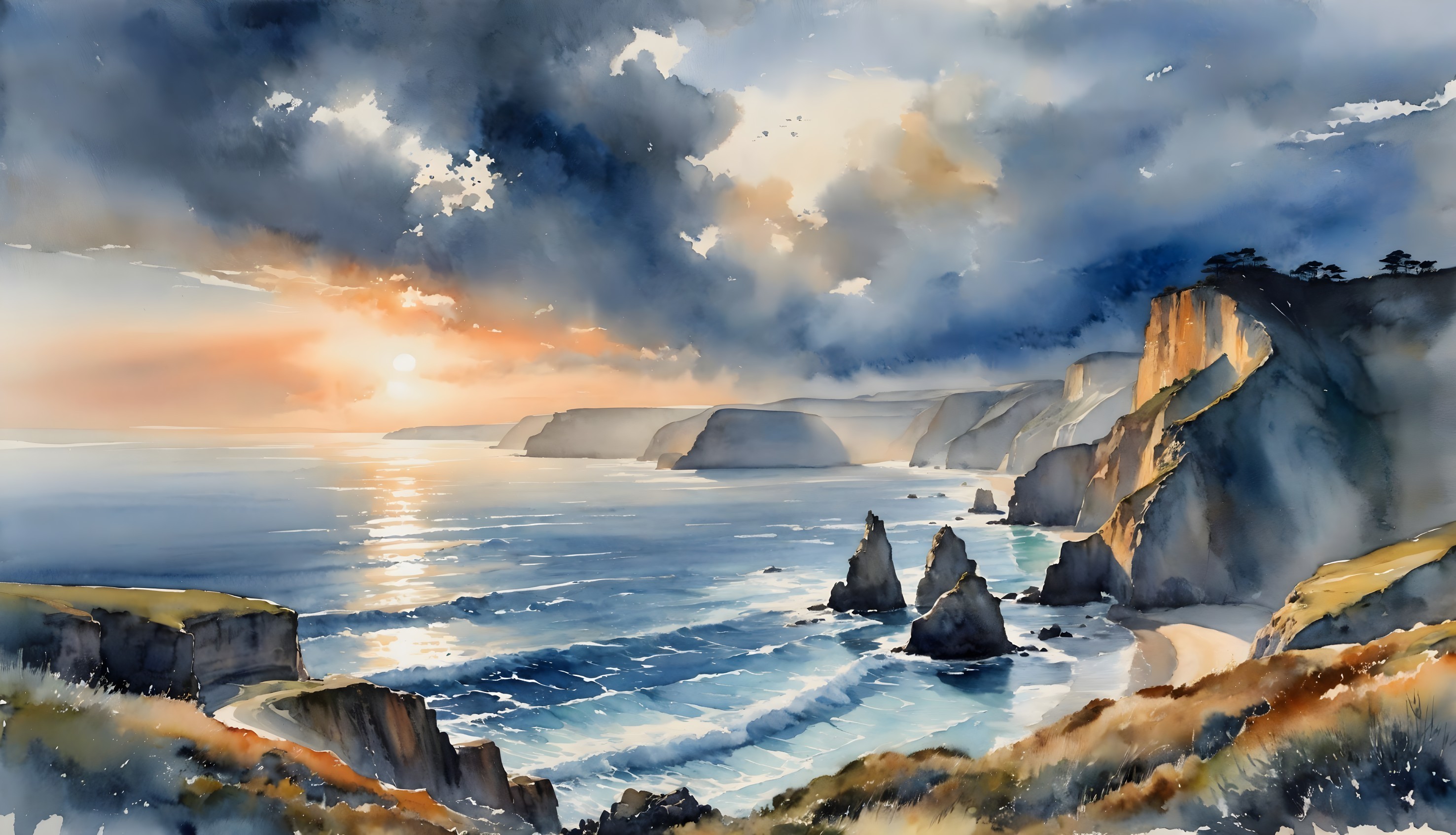 Watercolor Landscape of Dramatic Sunset Coastline
