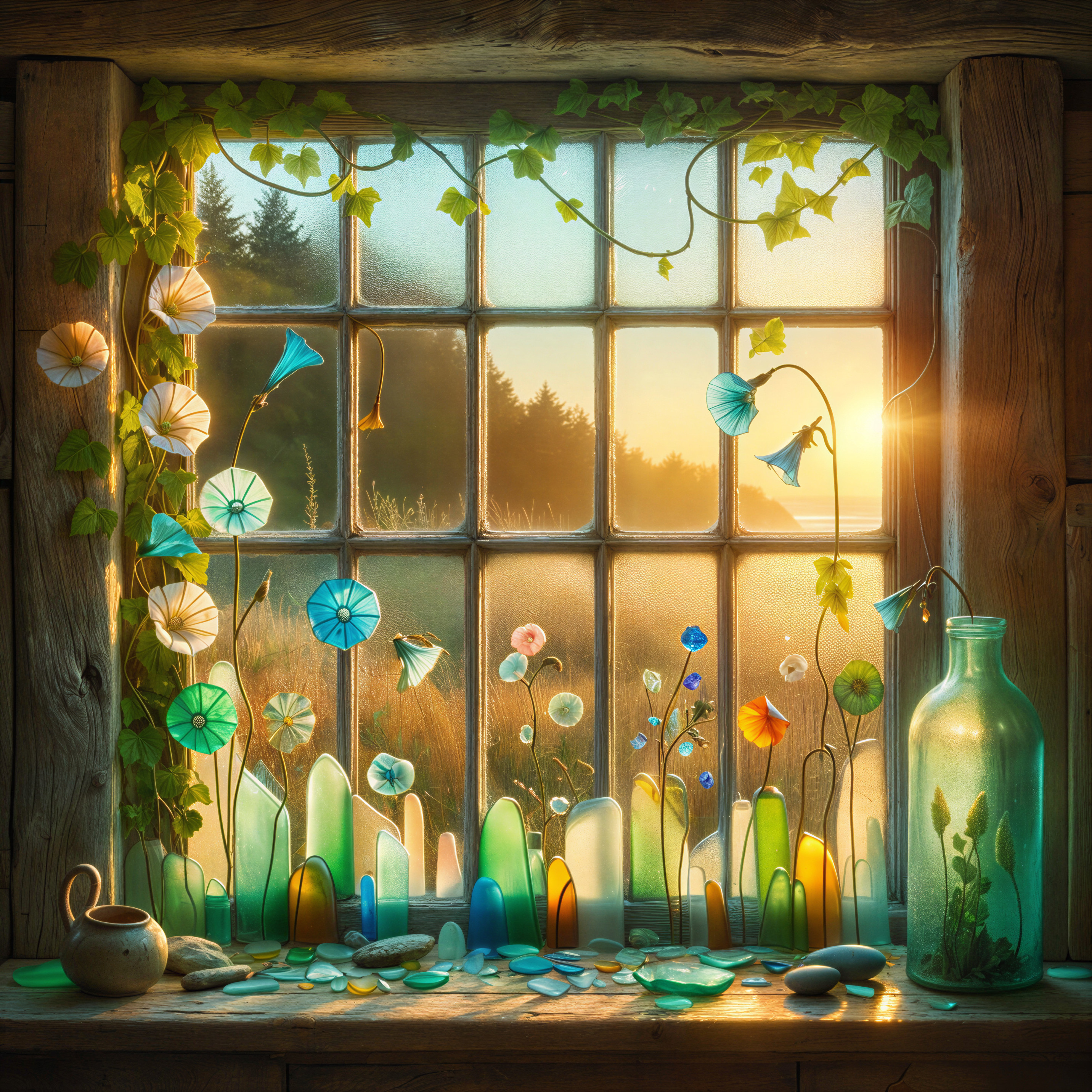 Serene Window Scene with Sunlight and Ivy Elements