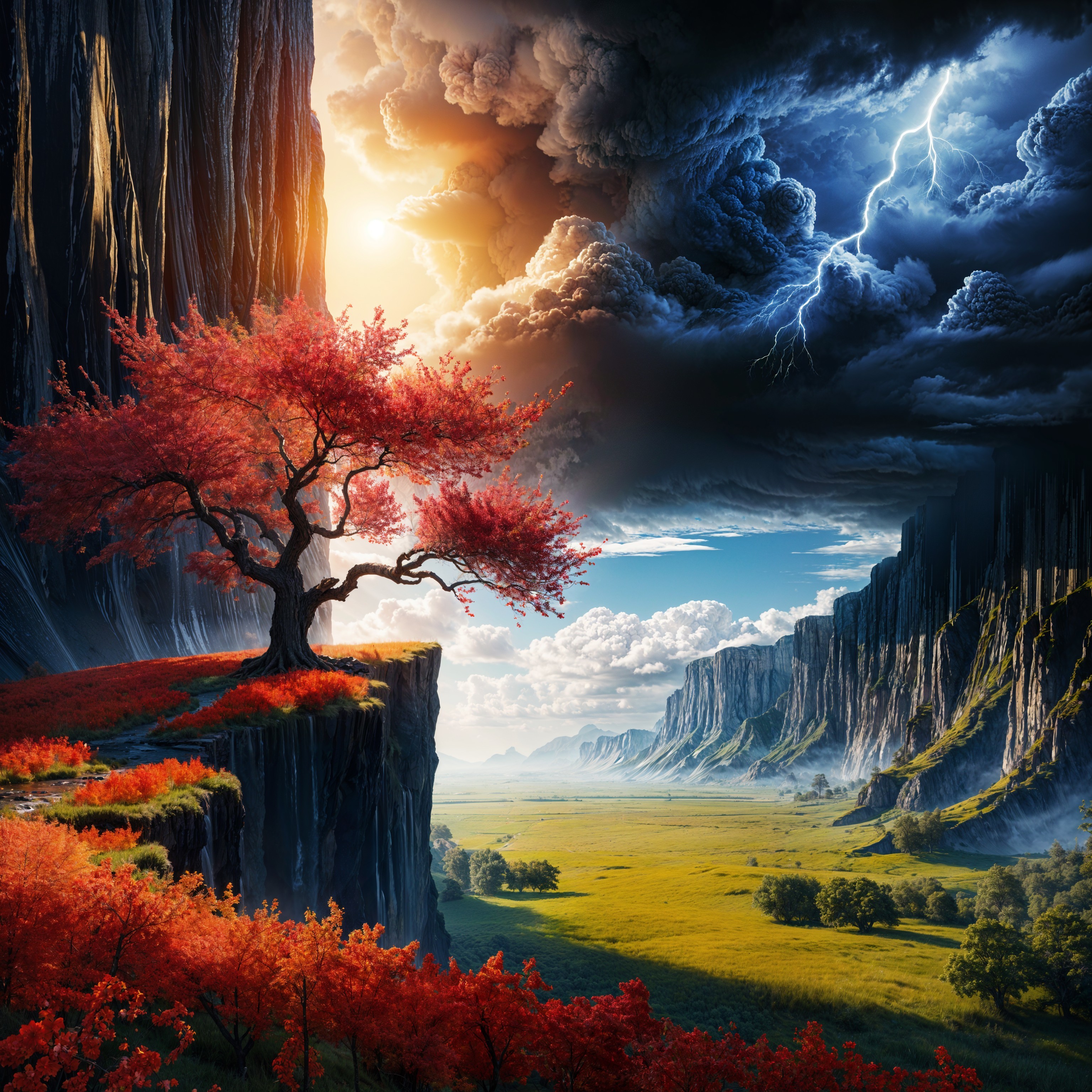 Vibrant Red Tree on Cliff with Sunrise and Storm Clouds