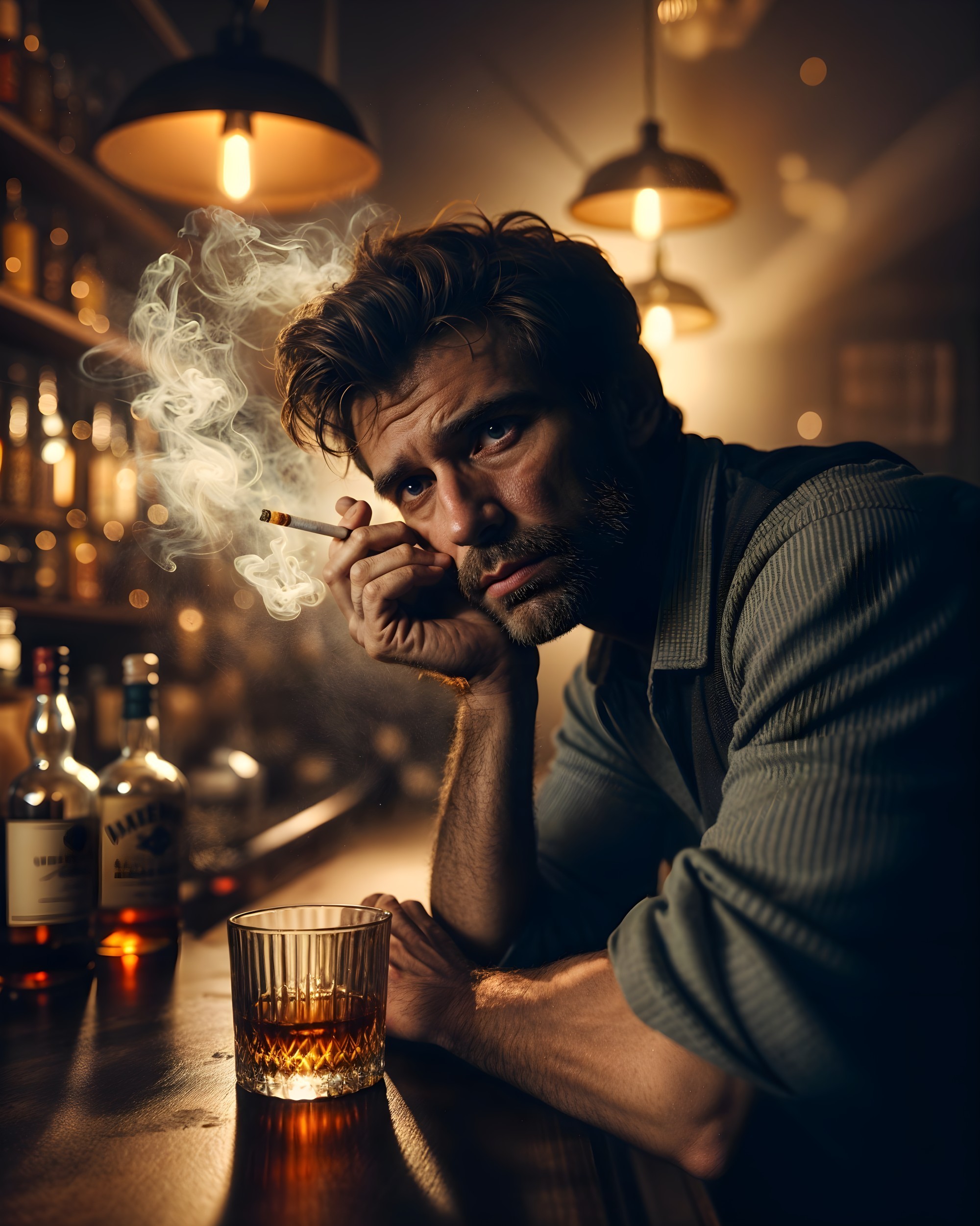 Contemplative Scene at a Dimly Lit Bar with Whiskey