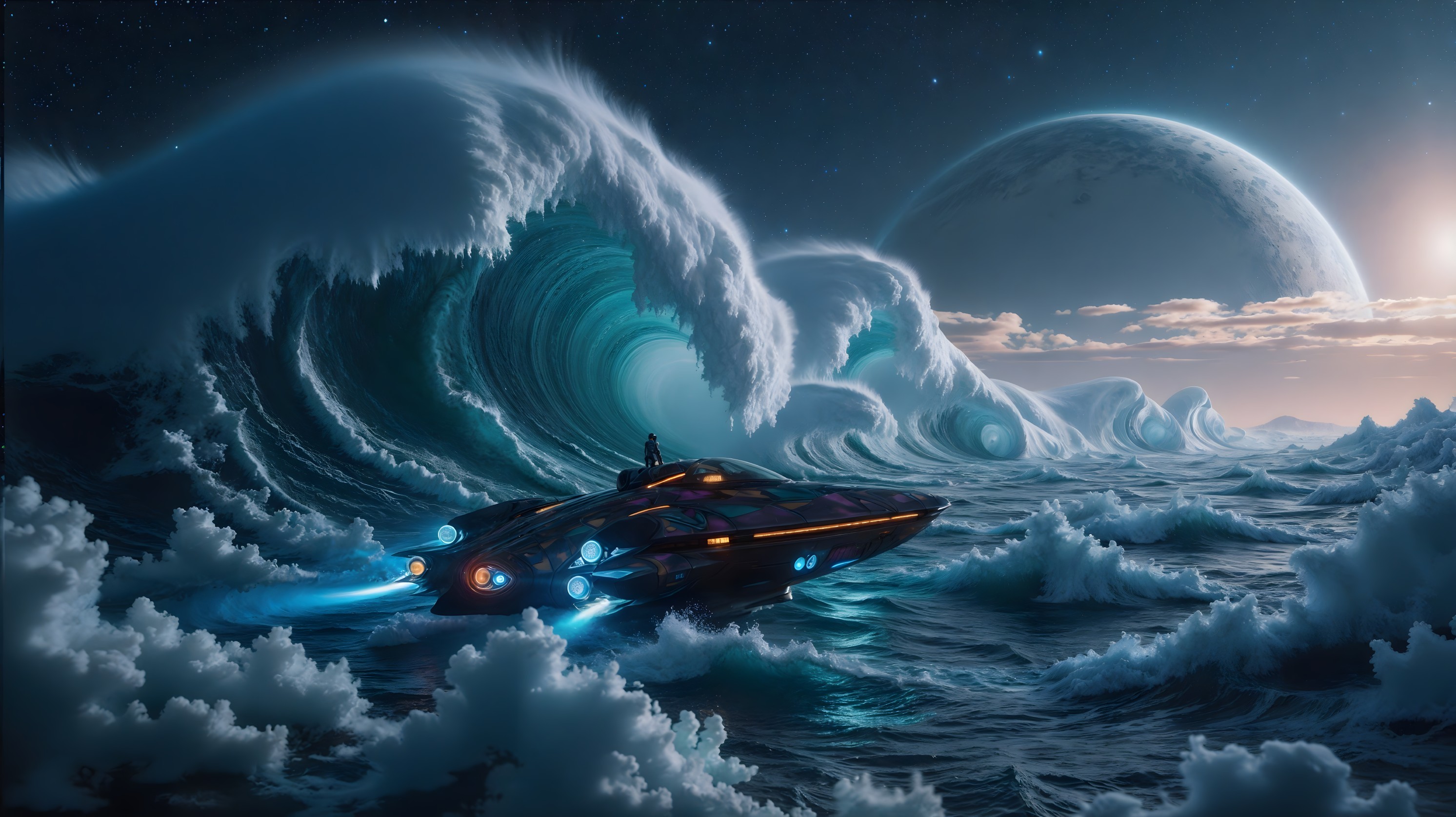 Futuristic spacecraft navigating waves under starry sky