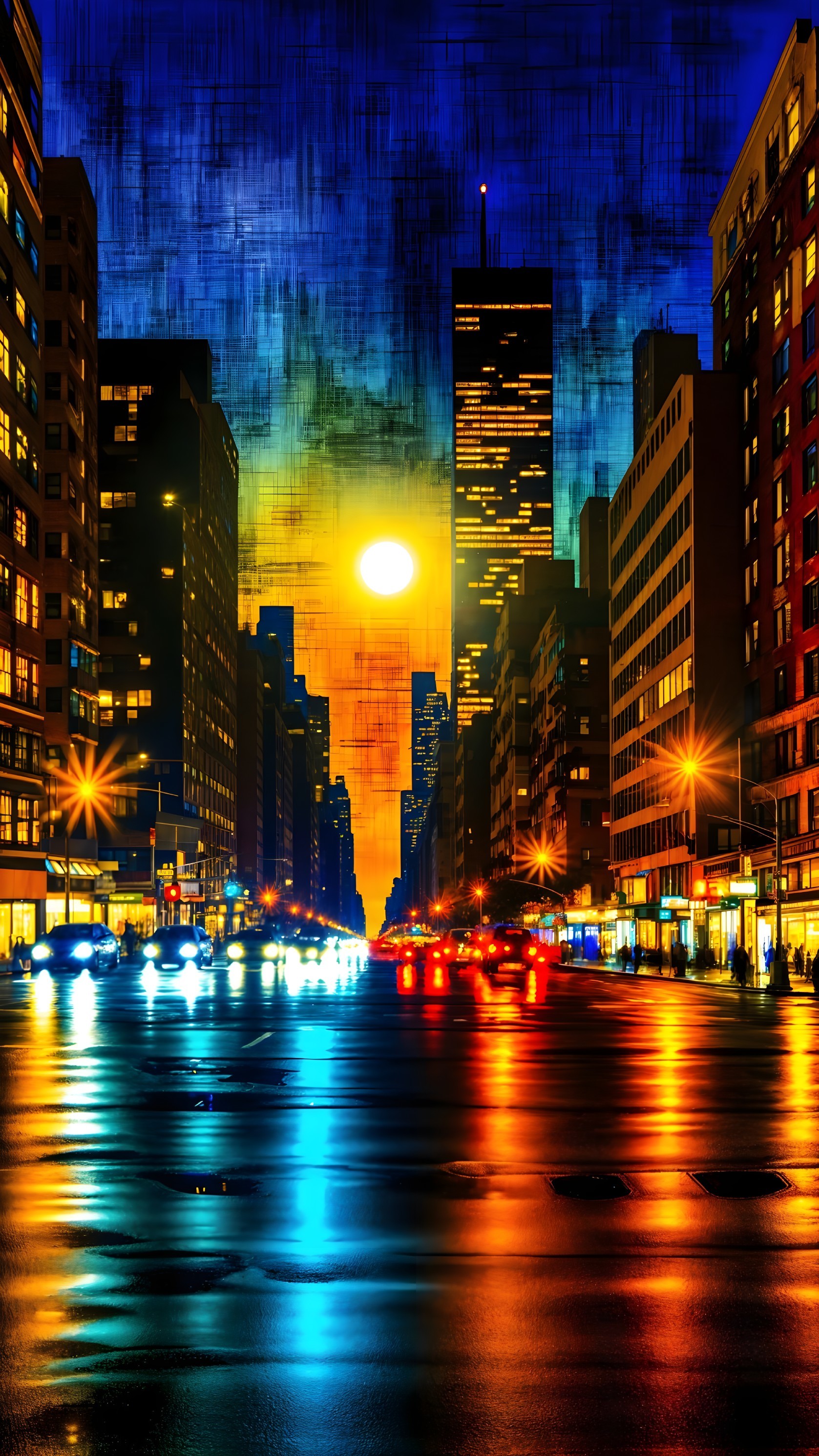 Vibrant cityscape at dusk with colorful reflections