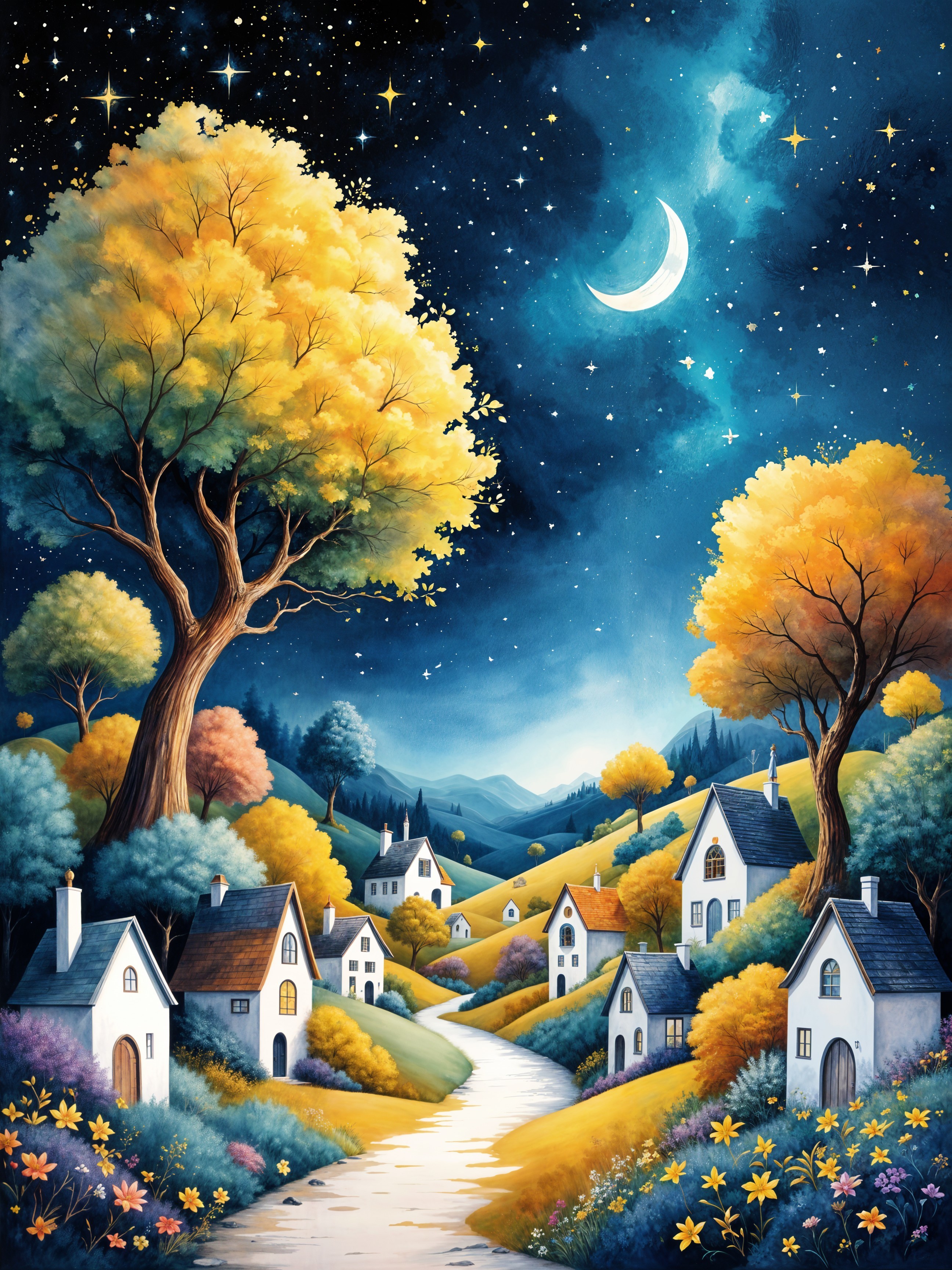 Whimsical Village Landscape Under Starry Night Sky