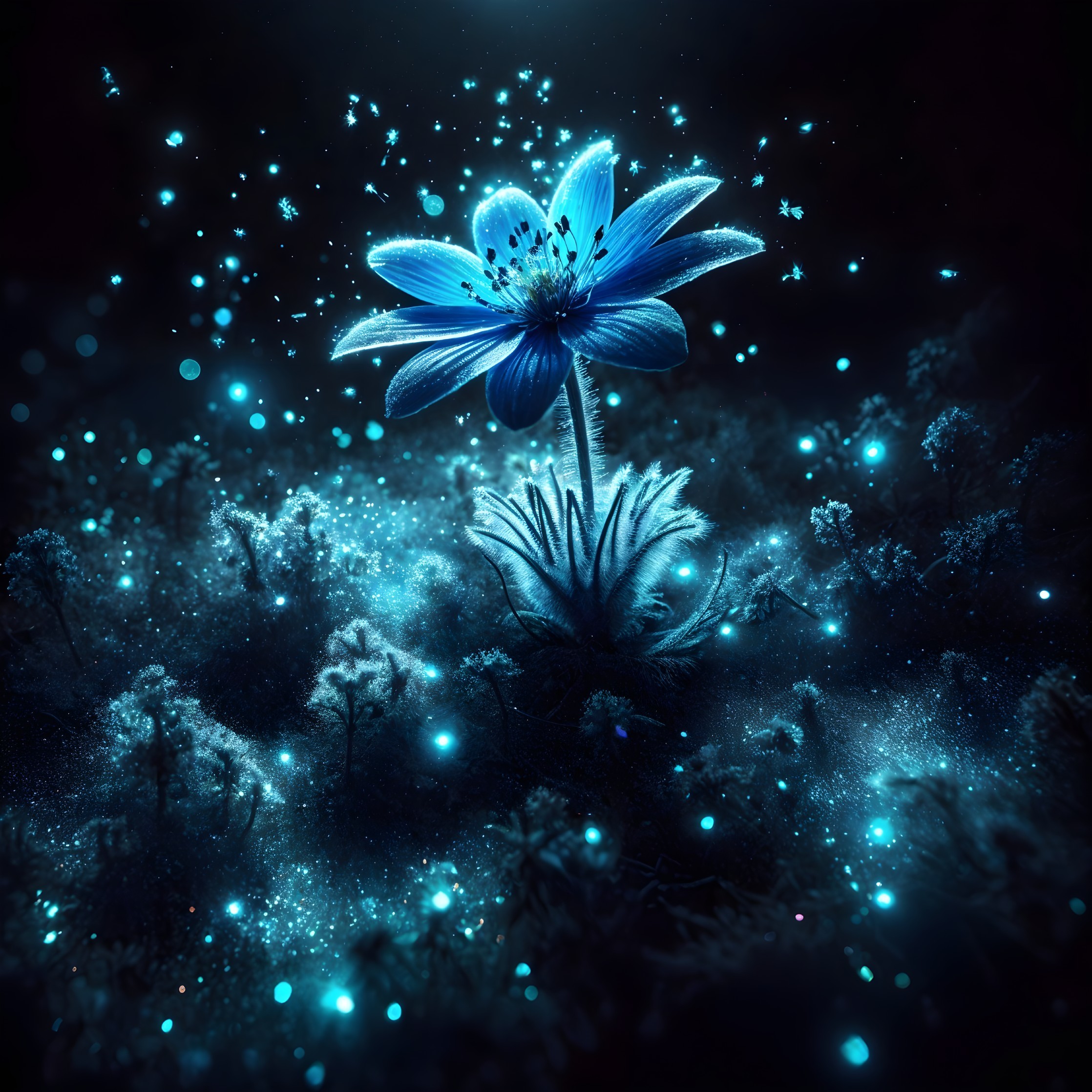 Glowing Blue Flower in a Mystical Landscape